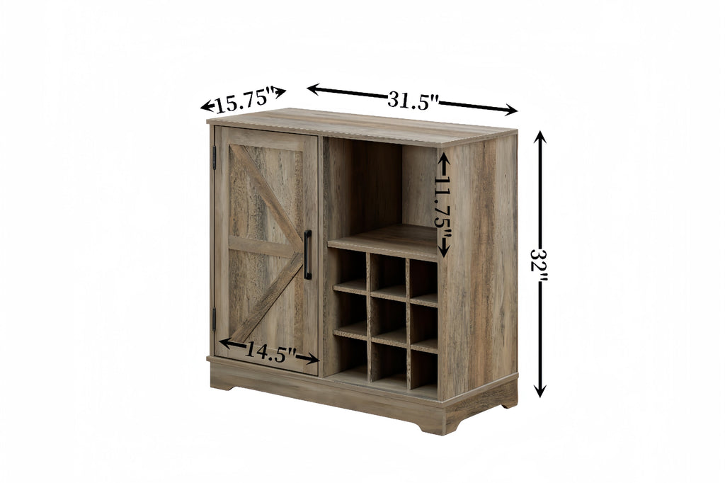 Wine Bar Cabinet for Liquor and Glasses, Farmhouse Coffee Bar, Cabinet with Wine Rack Barn Door Buffet Sideboard Cabinet with Drawer, Adjustable Storage Shelves, 31.5'*15.75'*31.5'Gray Wash