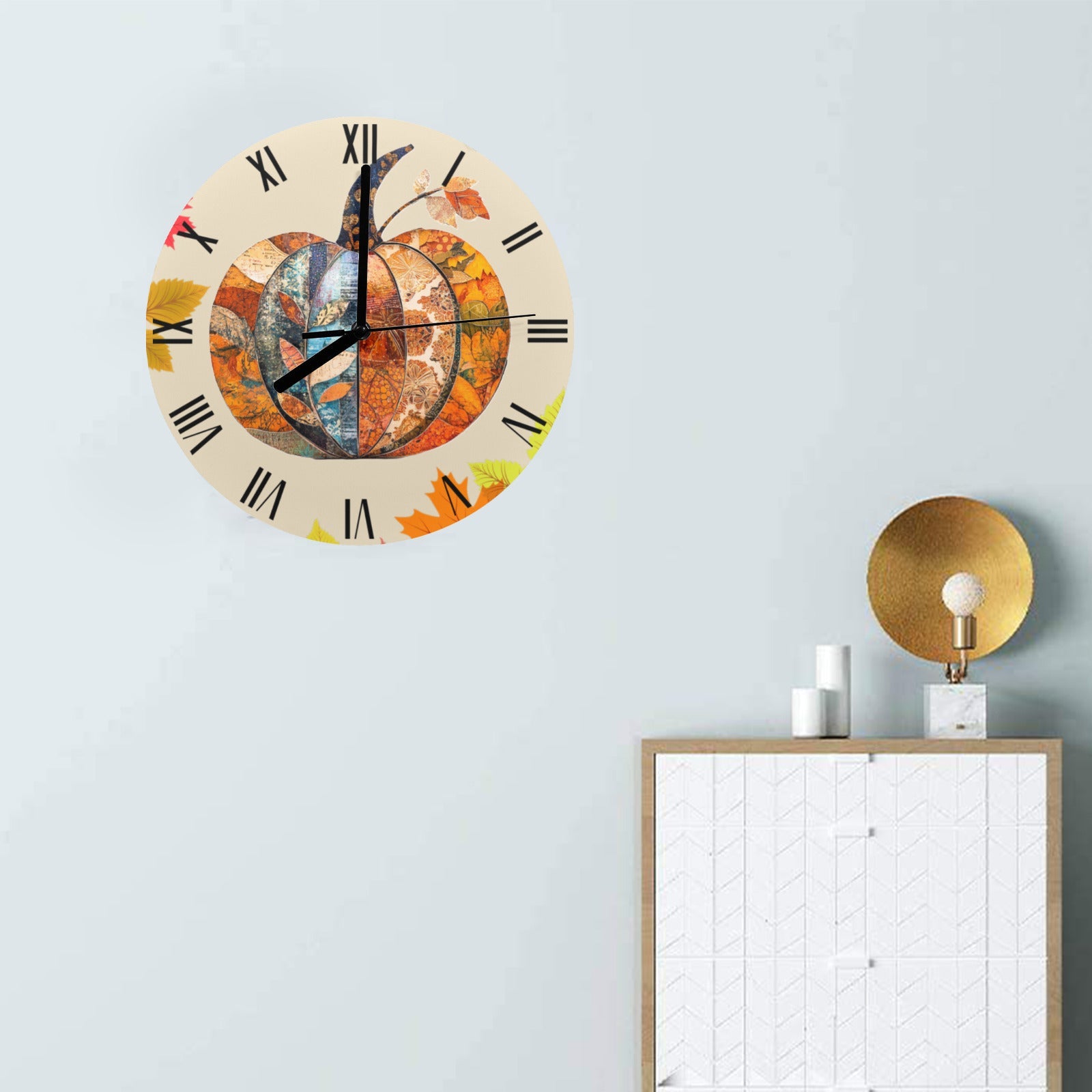 Fall Decor Pumpkin Round Wall Clock(Made in USA)