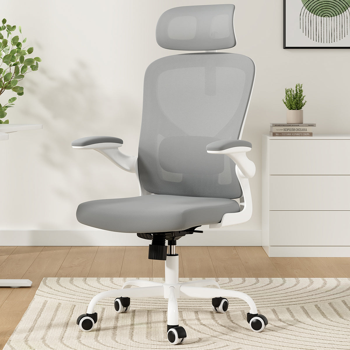 Ergonomic Office Chair, Home Office Desk Chair with Headrest, High Back Computer Chair with Armrests and Adjustable Lumbar Support for Home Office Study Room, White & Gray