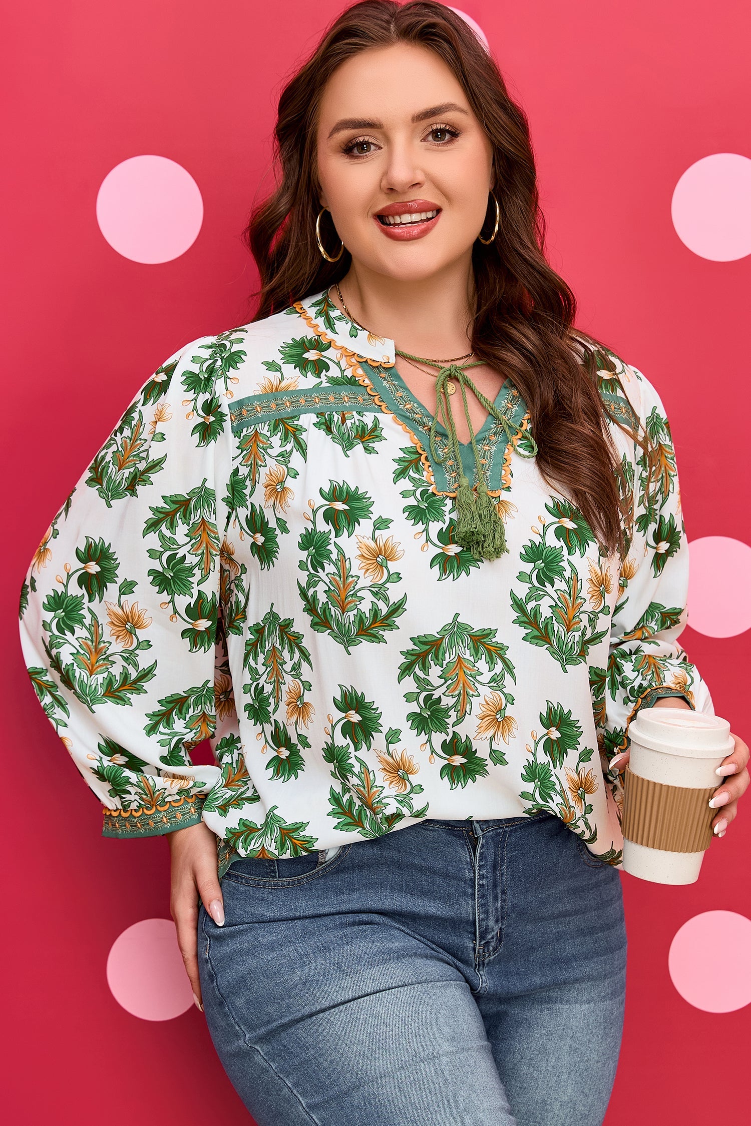 Plus Size Floral Patchwork Tassel Tie Blouse
