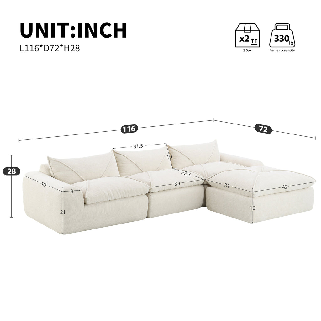 [VIDEO Provided] 116'' Fully Compressed Sofa with High Density Foam, No Assembly Required, Legless Design without Frame, Integrated Backrest and Seat Cushion, Free Combination, Particle Chenille