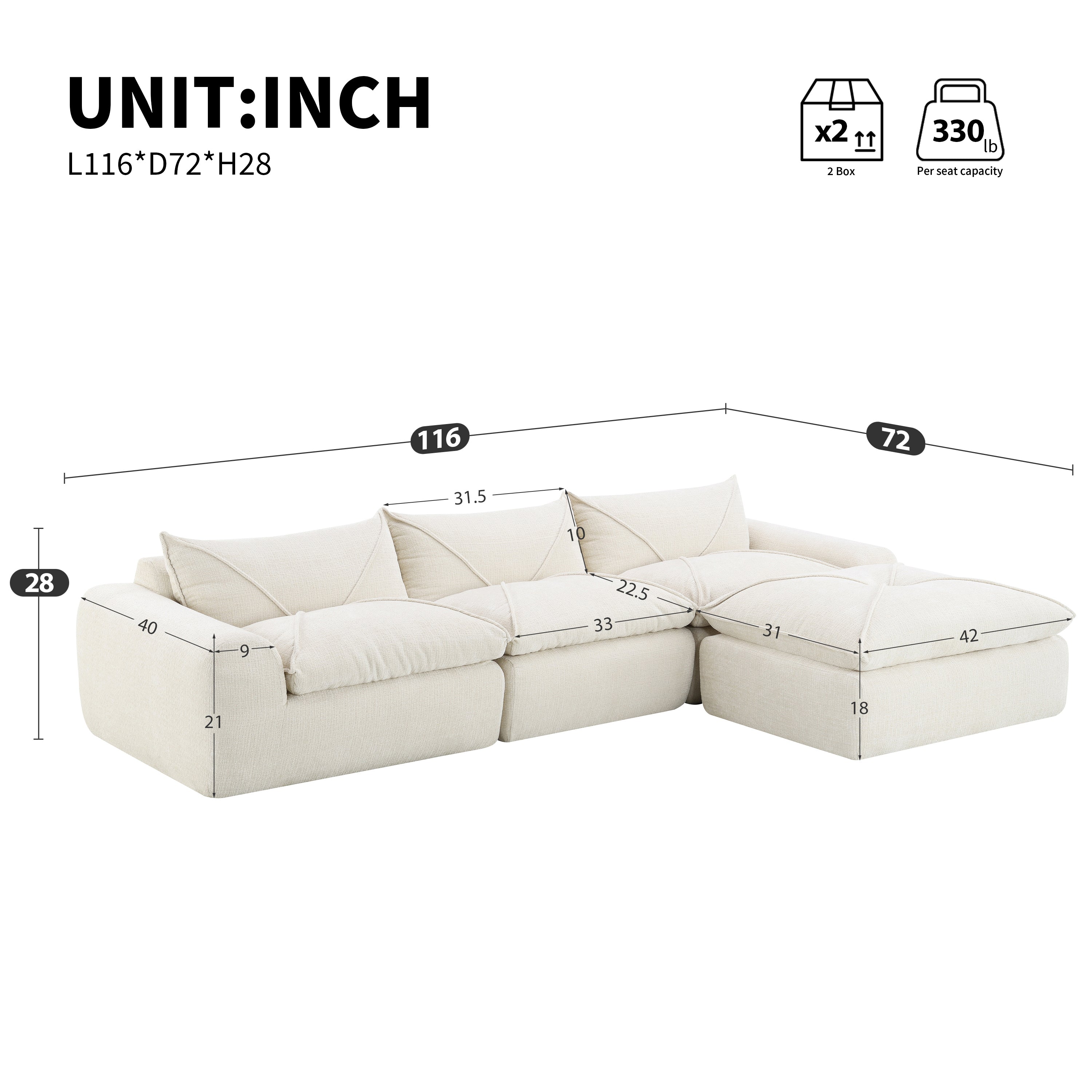 [VIDEO Provided] 116'' Fully Compressed Sofa with High Density Foam, No Assembly Required, Legless Design without Frame, Integrated Backrest and Seat Cushion, Free Combination, Particle Chenille