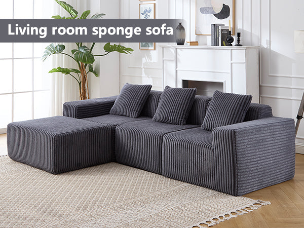 Modern Minimalist Modular Sectional Sofa with Deep Seats, Dark Gray Upholstered L-Shape Cloud Couch, Right Facing Chaise