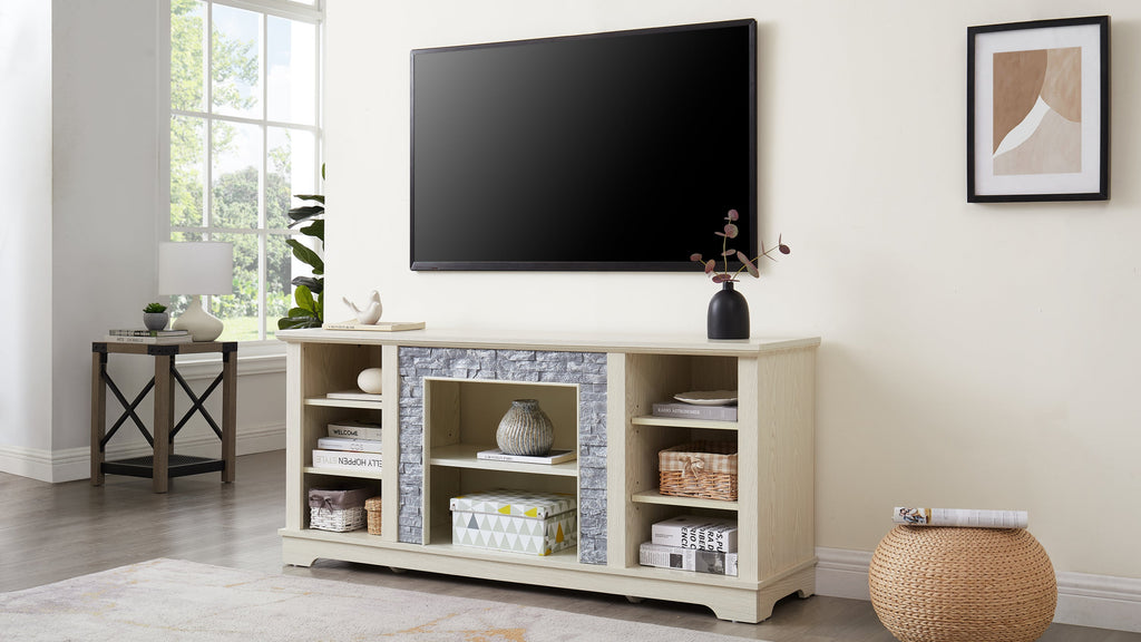Mantel Stone TV Media Stand with with Faux Stacked Stone Surround, Modern Entertainment Console with Open Storage Space,WHITE, 58.31'W*15.39'D*26.06'H