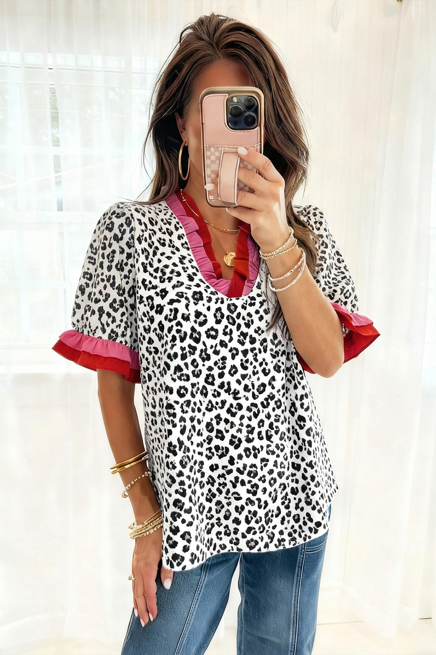 Leopard Ruffle Trim V-Neck Short Sleeve Blouse