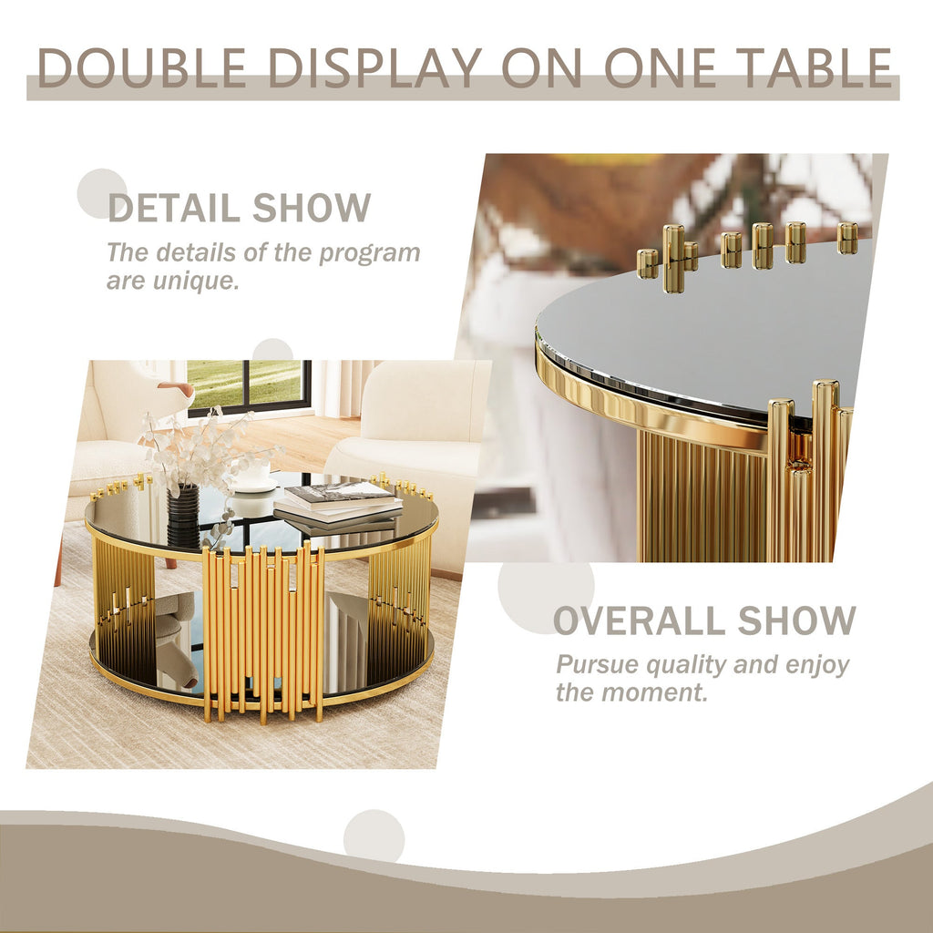 Modern minimalist light luxury style stainless steel circular coffee table, black tempered glass countertop, living room coffee table