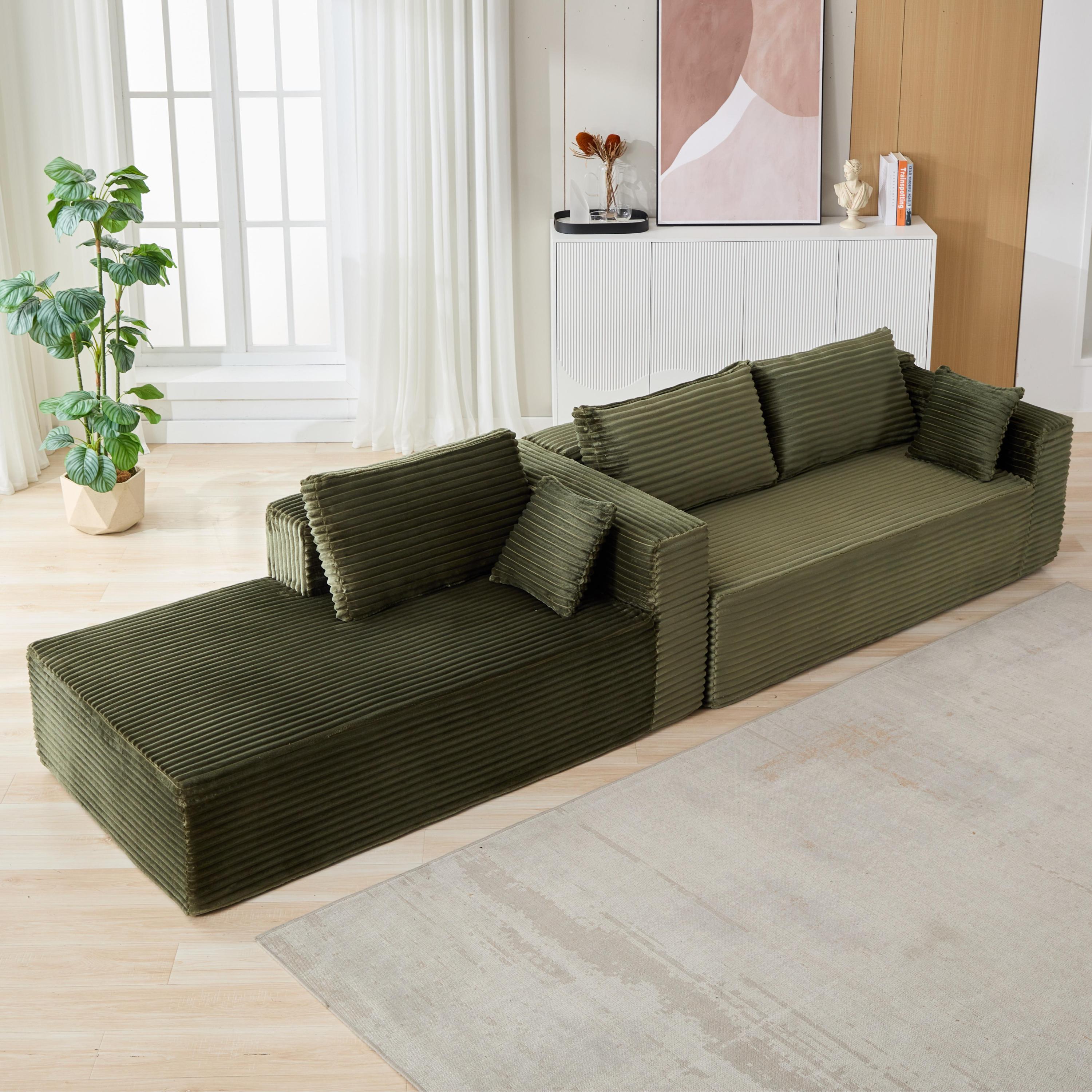 Compression Sectional Couch with Comfy Chaise, Boneless L Shape Sofa with Deep Seat, Minimalist Modular Couches Sleeper for Living Room Bedroom Apartment Lounge,corduroy,Green