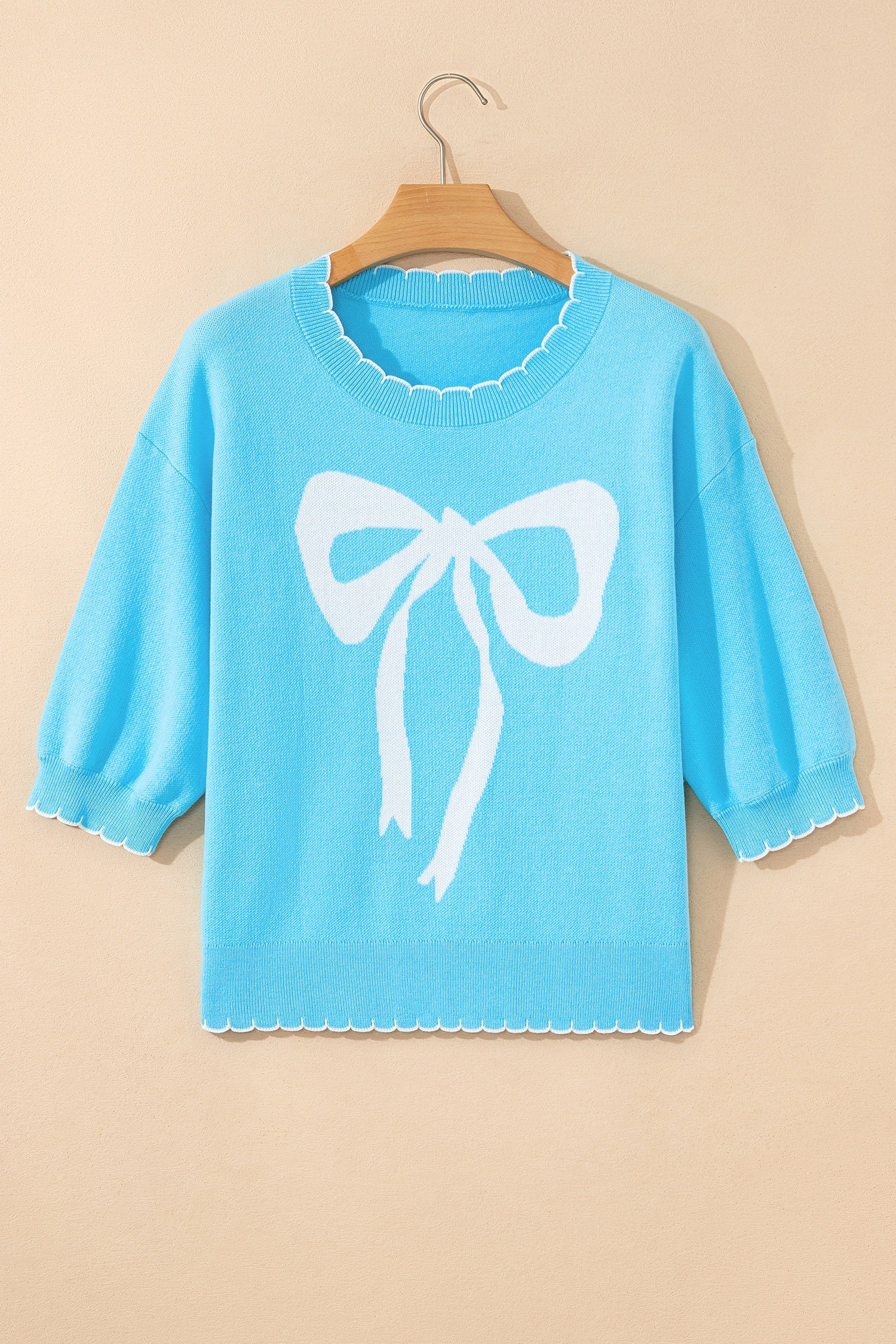 Bow Tie Contrast Stitch 3/4 Sleeve Sweater