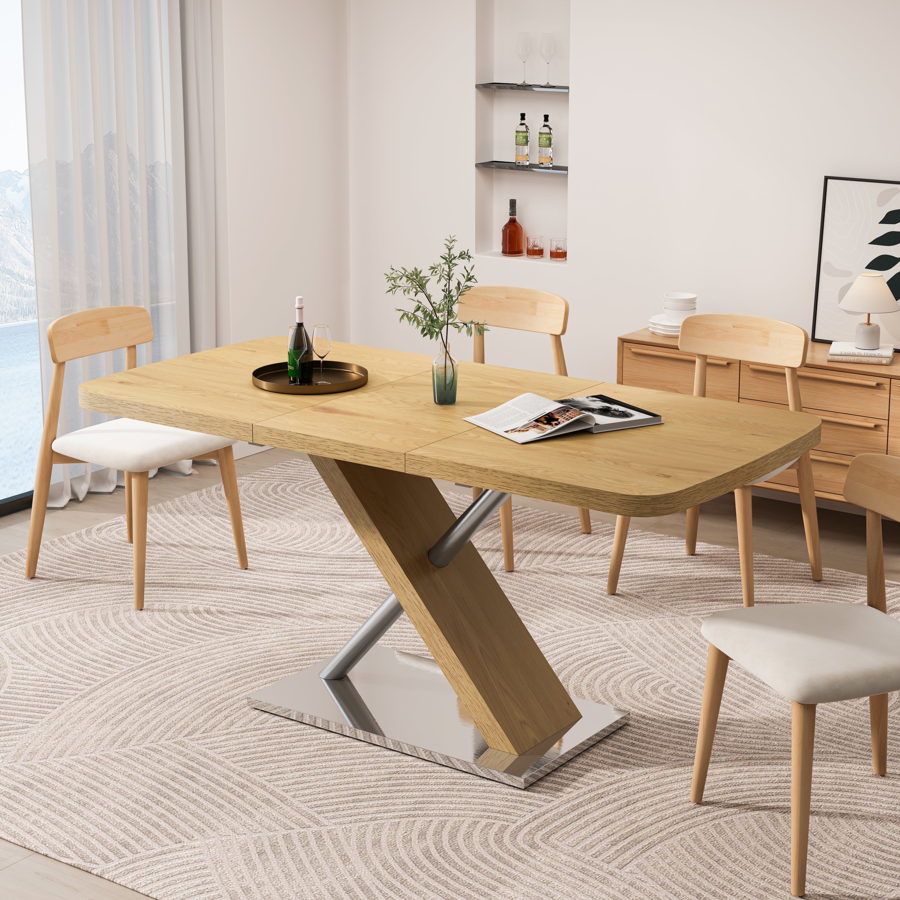 47.25 '-63' Dining Table, Original Wood Color, Seating 4-6 People, Retractable Table, Cross Metal Base and Stainless Steel Tubing(Natural)