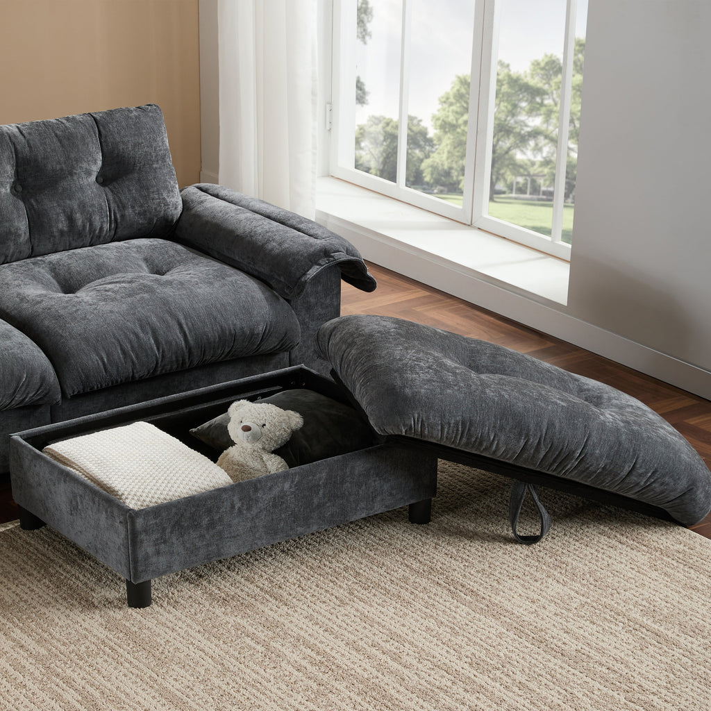 [VIDEO]104*60' Sectional Sofa, L-Shape with Multifunctional Armrest, Dual-Port Charging, Cup Holder, Side Storage Pockets, Movable Storage Ottoman, Unique Tufted Design, Soft Cushion, Chenille,3colors