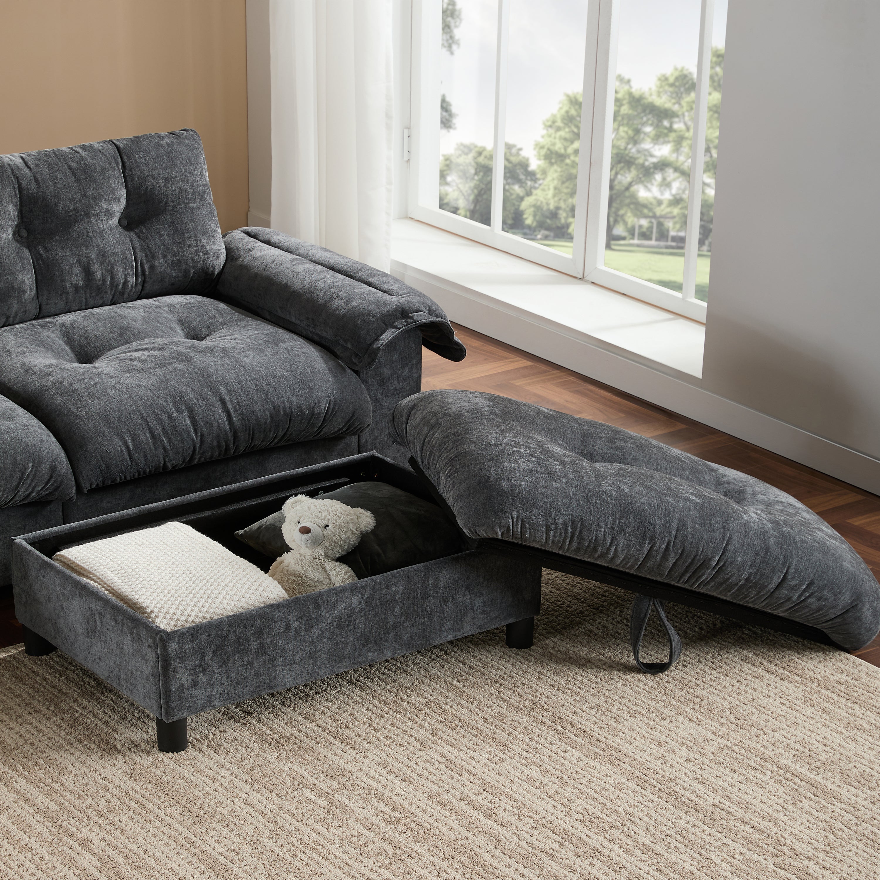 [VIDEO]104*60' Sectional Sofa, L-Shape with Multifunctional Armrest, Dual-Port Charging, Cup Holder, Side Storage Pockets, Movable Storage Ottoman, Unique Tufted Design, Soft Cushion, Chenille,3colors