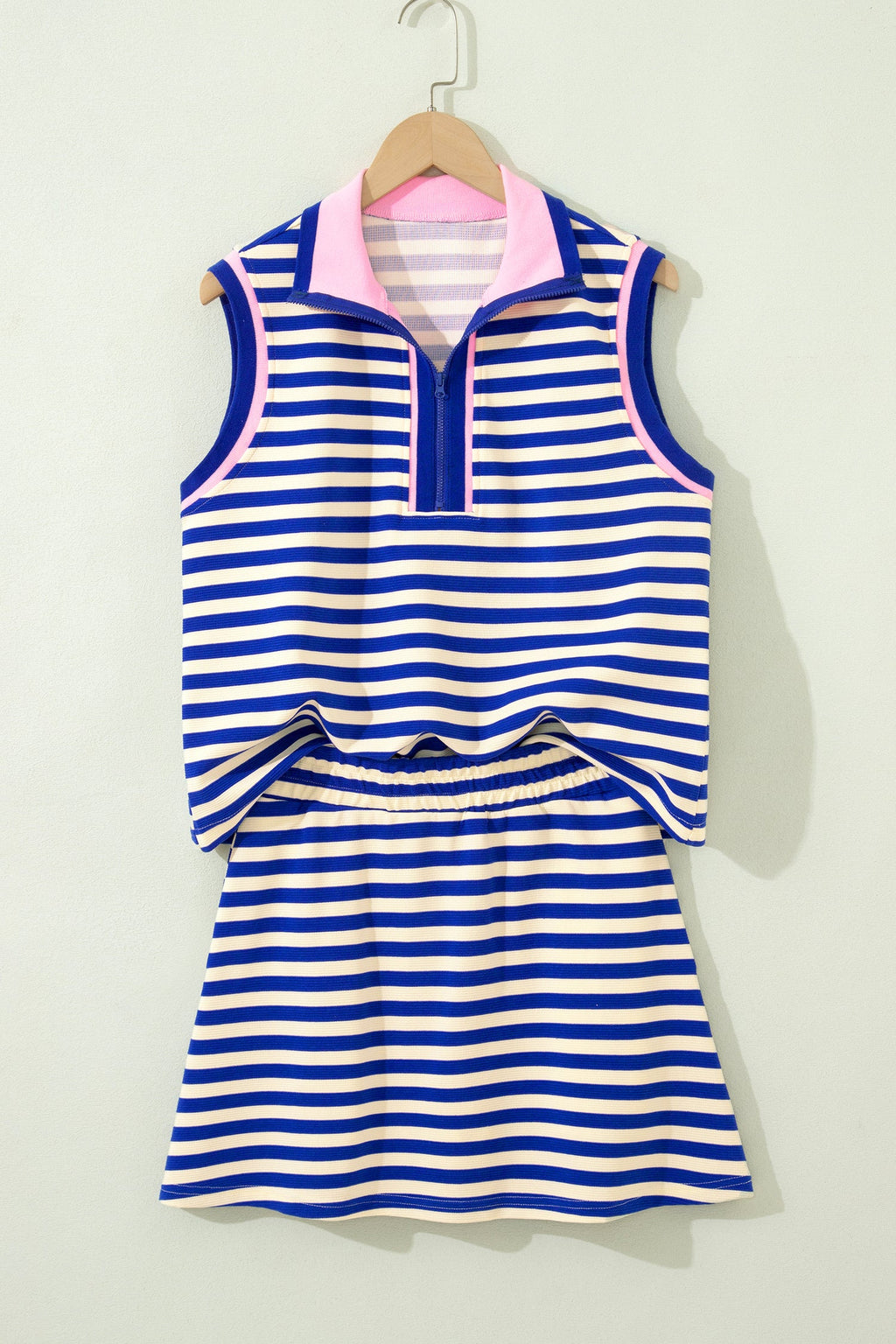 Stripe Textured Zip Collar Top & Skort Set