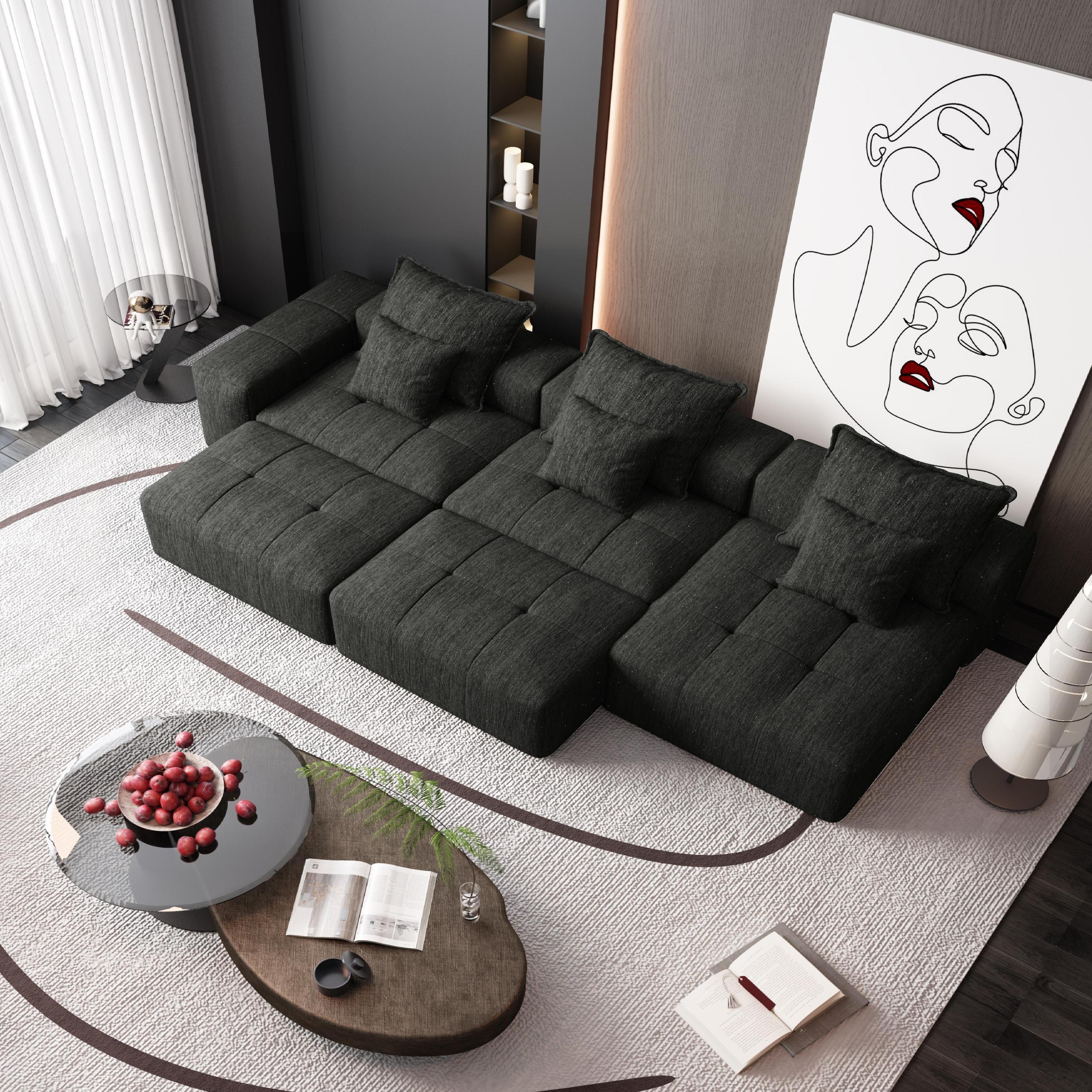 Modern Oversized Modular Sectional Sofa, Sparkling Chenille Fabric Soft Cushion Sofa with 6 Pillows, 6 PCS DIY Combination Tufted Sofa, No Assembly Required, BLACK