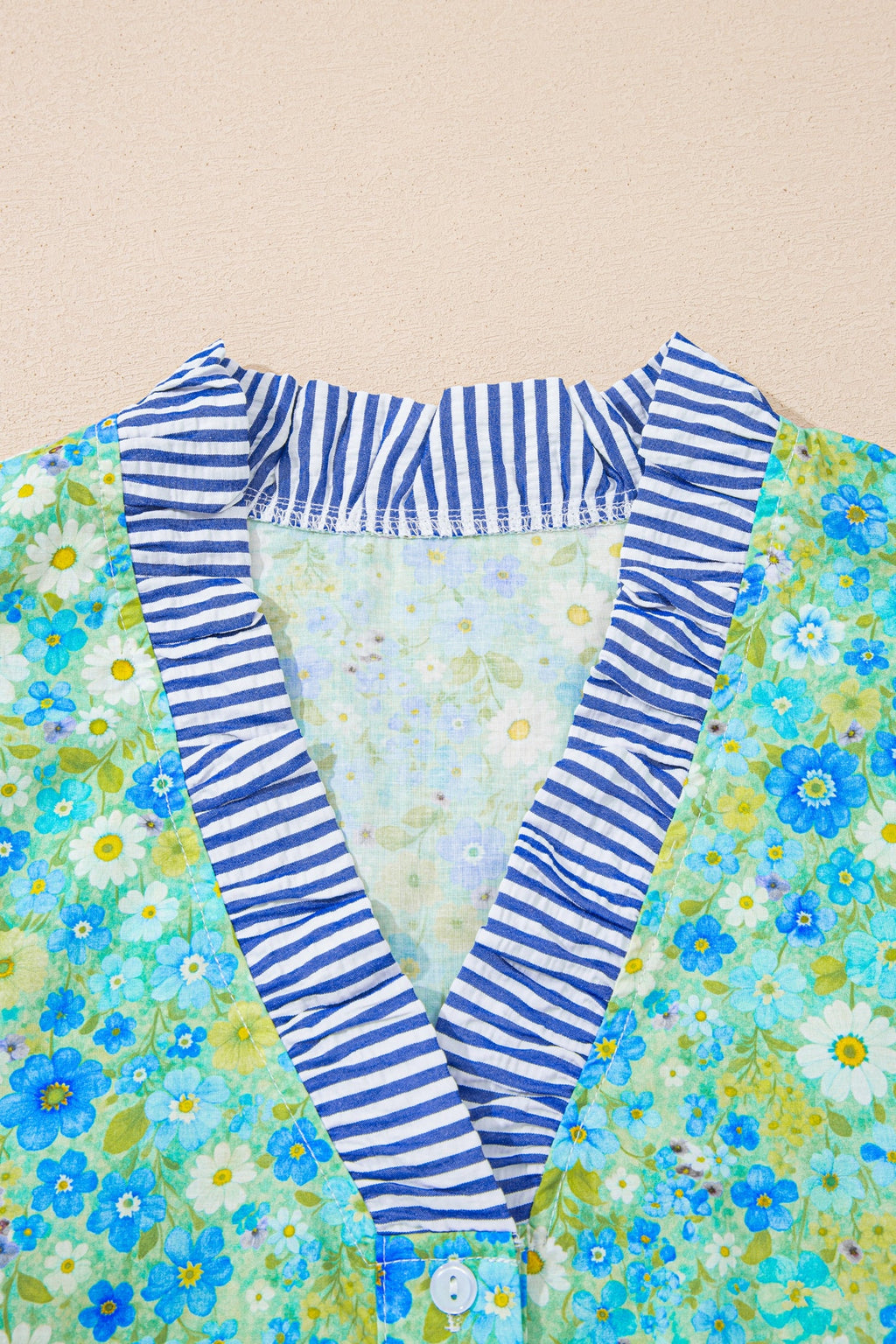 Floral Stripe Patchwork Flutter Sleeve V-Neck Blouse