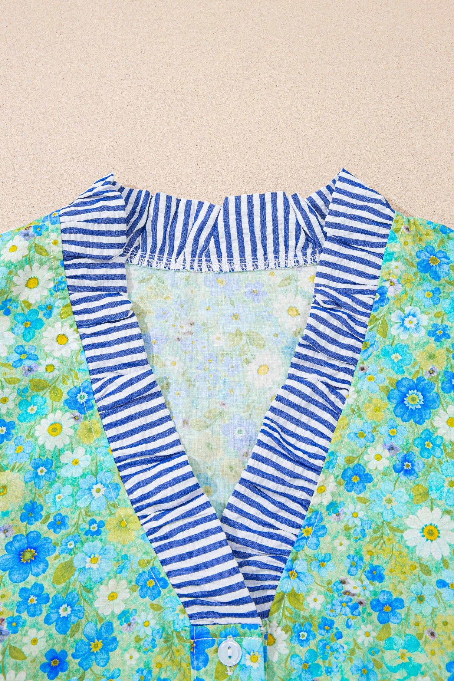 Floral Stripe Patchwork Flutter Sleeve V-Neck Blouse