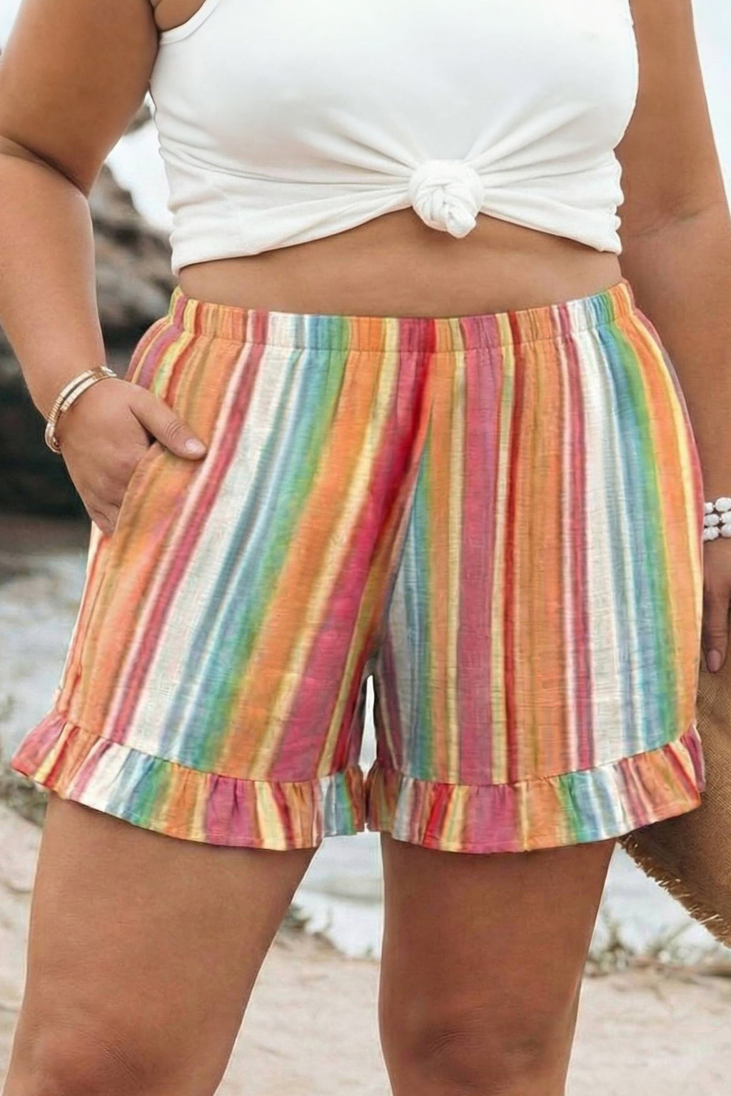 Plus Size Stripe Elastic Waist Ruffle Hem Shorts