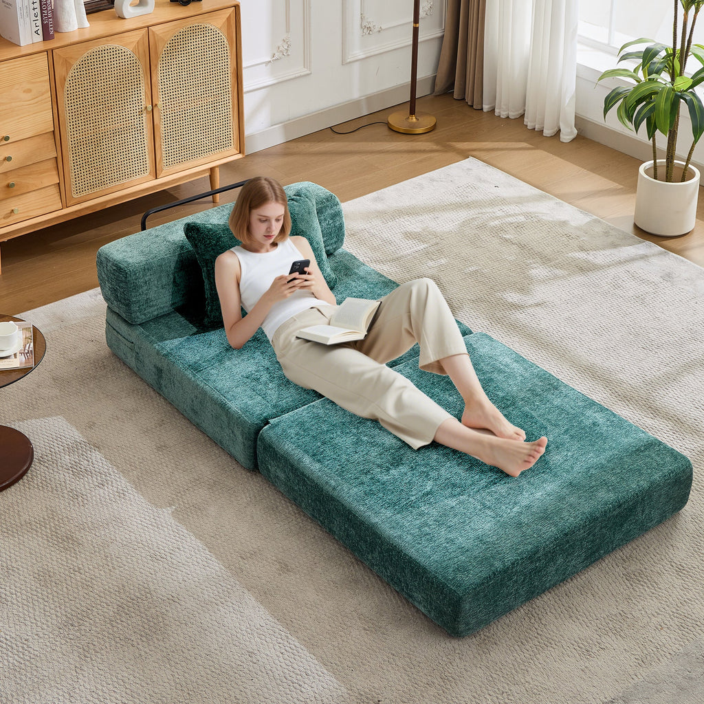 Compression Sofa,Convertible Floor Sofa Bed with Fixed-Shape Frame,Single Seater Boneless Modular Sectional Sofa,No Assembly Required,Chenille fabric,for Living Room Bedroom,Dark Green