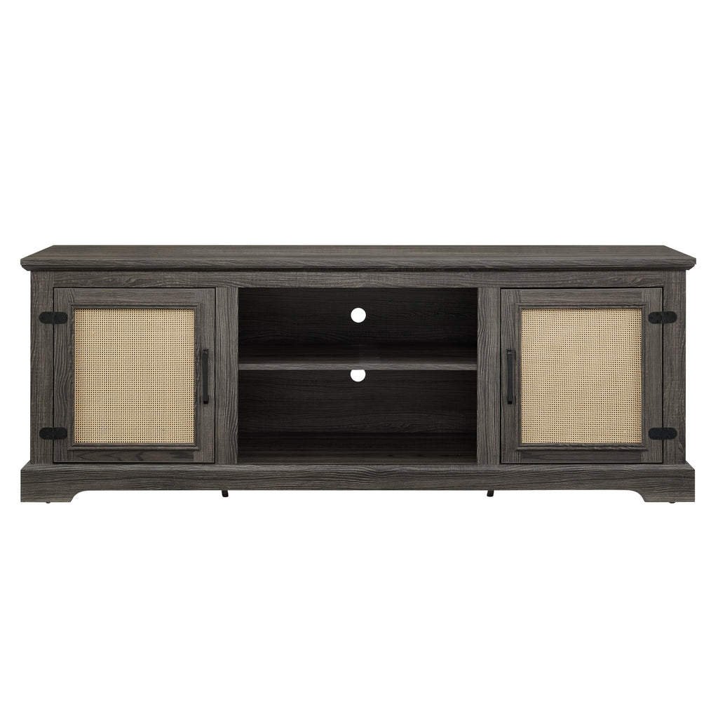 Farmhouse Rattan TV Stand Console Table for TVs up to 70 Inches, TV Console Table with 2 Storage Shelves, 2 Natural Rattan Door Cabinets, 65'W*15.55'D*23.86'H, Gray