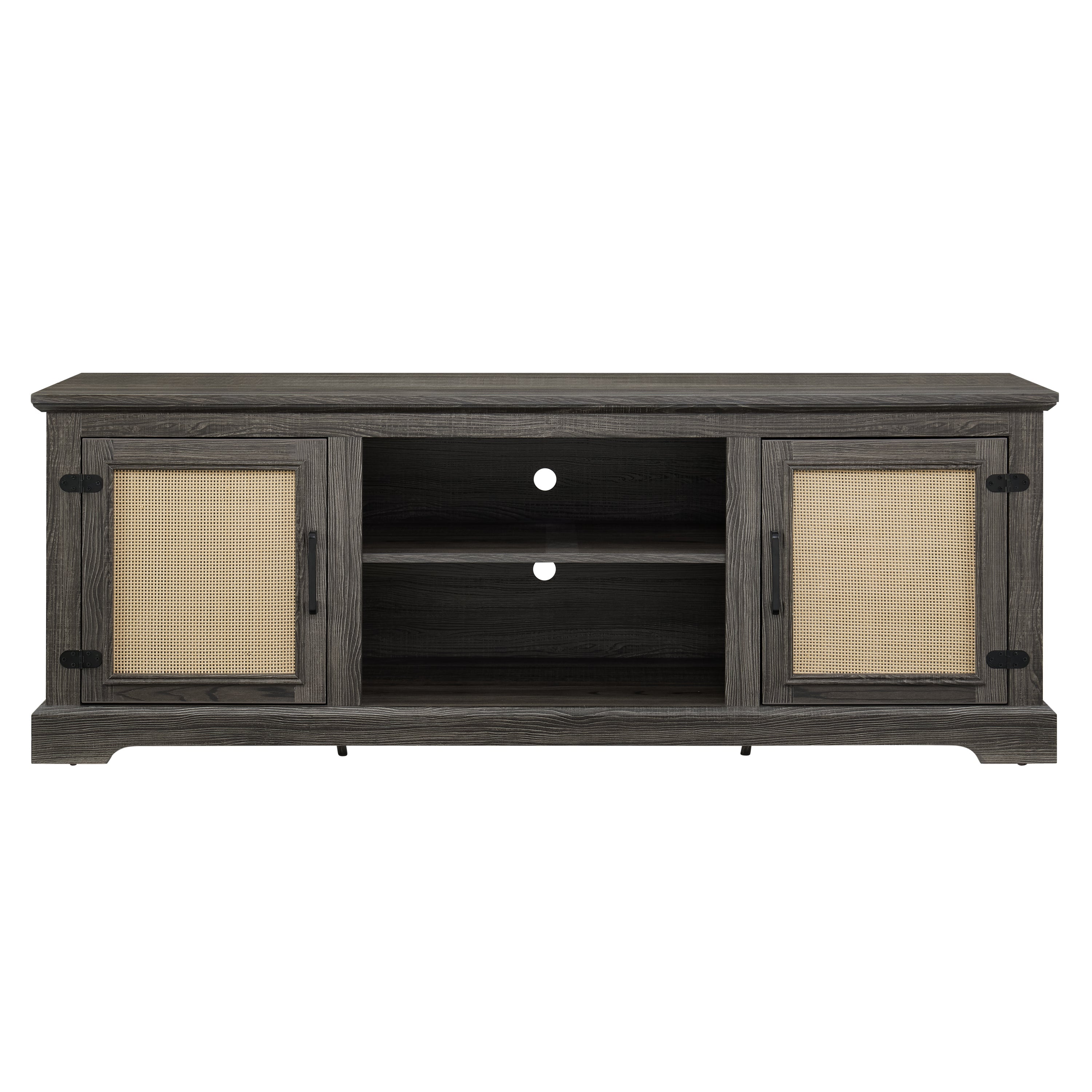 Farmhouse Rattan TV Stand Console Table for TVs up to 70 Inches, TV Console Table with 2 Storage Shelves, 2 Natural Rattan Door Cabinets, 65'W*15.55'D*23.86'H, Gray