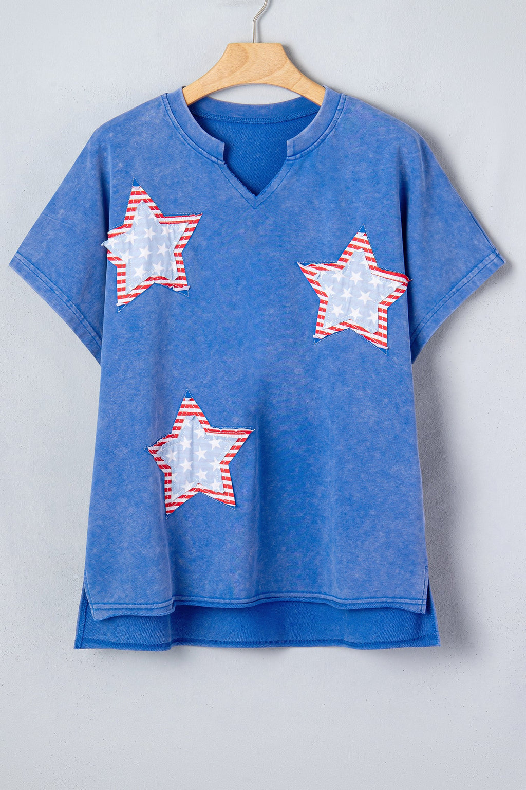 USA Star Patchwork Mineral Wash Notched Neck Tee