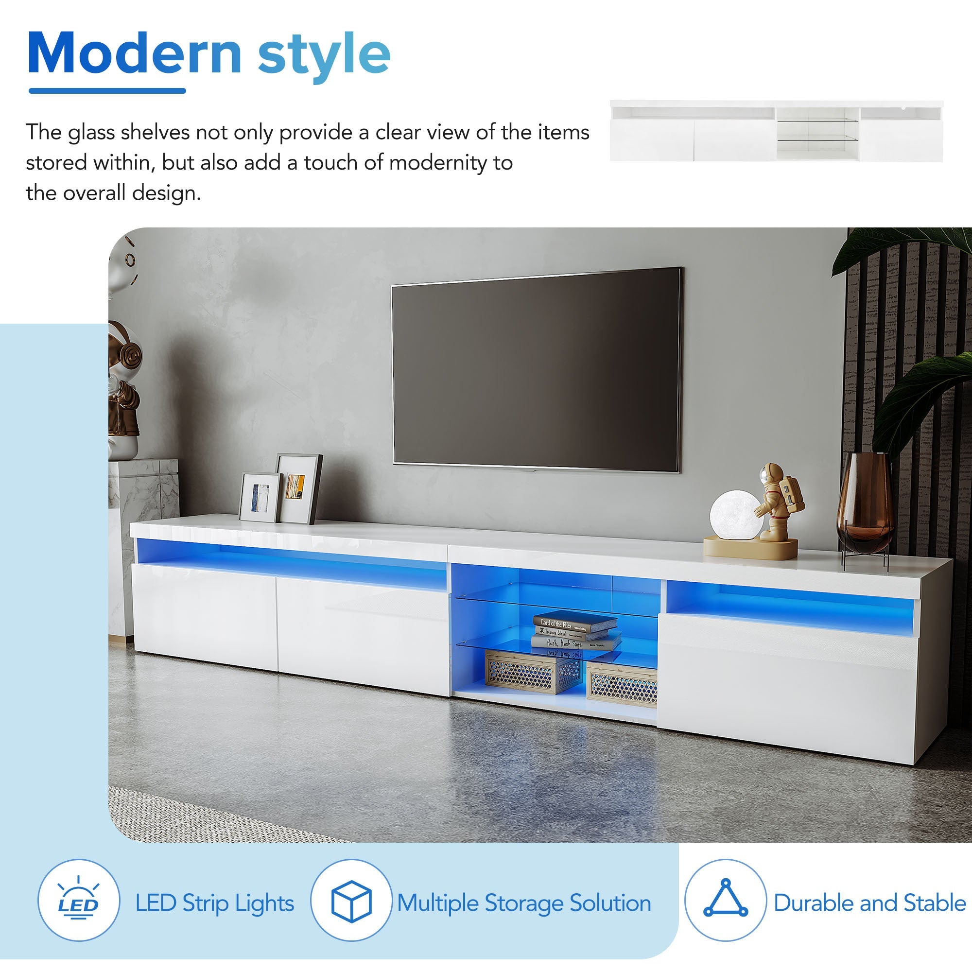 ON-TREND Unique Design TV Stand with 2 Glass Shelves, Ample Storage Space Media Console for TVs Up to 105', Versatile TV Cabinet with LED Color Changing Lights for Living Room, White
