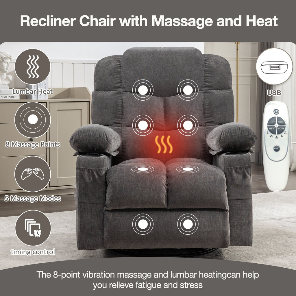 Massage Rocker Recliner Chair Rocking Chairs for Adults Oversized with 2 Cup Holders, USB Charge Port Soft Features a Manual Massage and Heat.(A+B)GREY