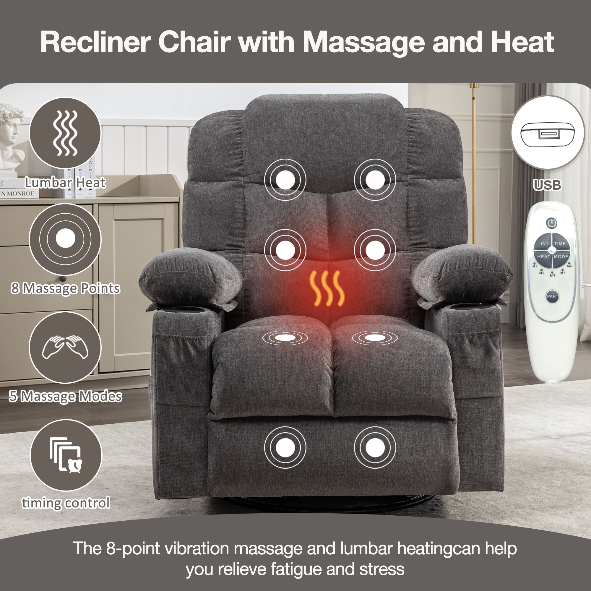 Massage Rocker Recliner Chair Rocking Chairs for Adults Oversized with 2 Cup Holders, USB Charge Port Soft Features a Manual Massage and Heat.(A+B)GREY