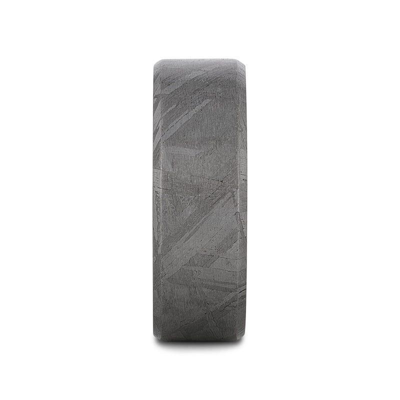 DIEMOS Flat Black Titanium Ring with Meteorite Pattern and Beveled Edges – 8mm