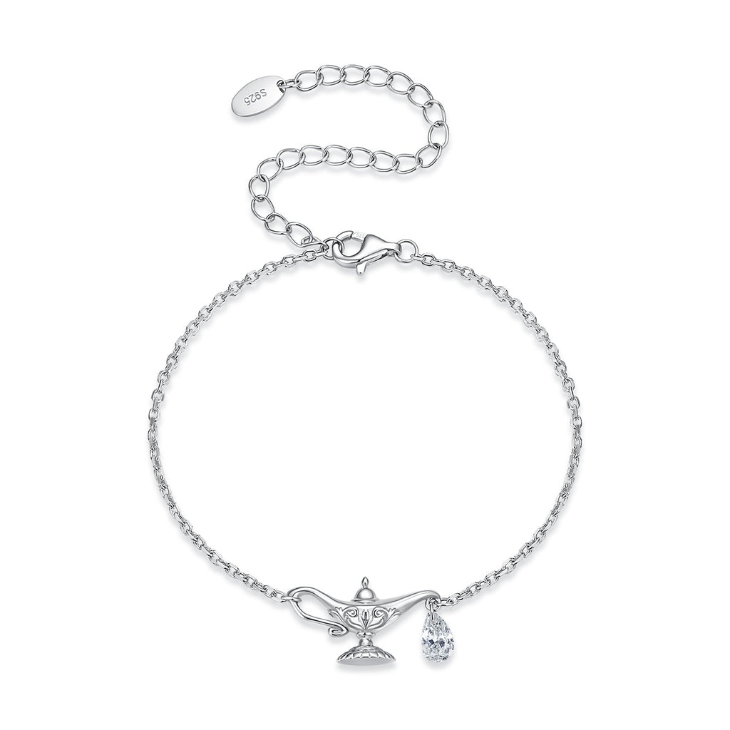 925 Sterling Silver White Gold Plated CZ Pavé 15+6cm Chain 1.0x1.7cm Pendant Bracelet for Women