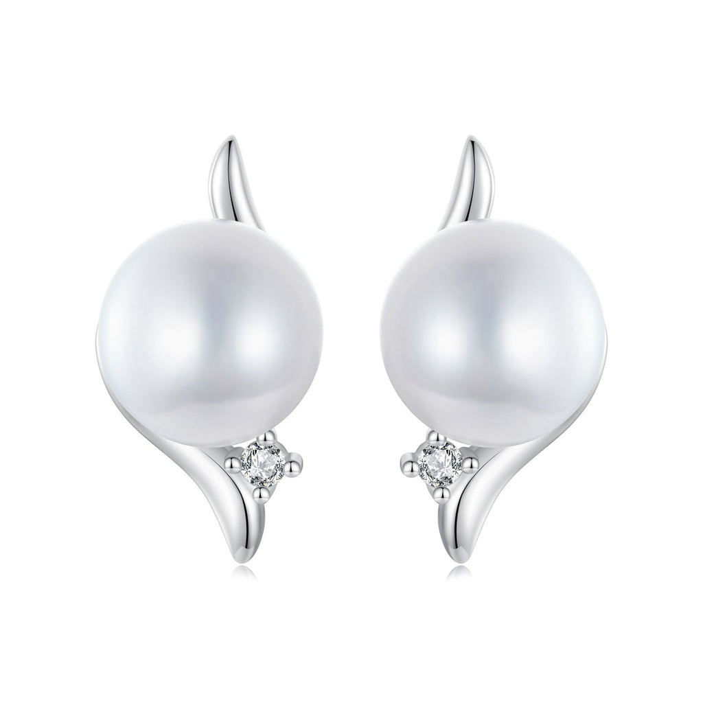 925 Sterling Silver Natural Pearl & CZ Earrings Plated in Platinum