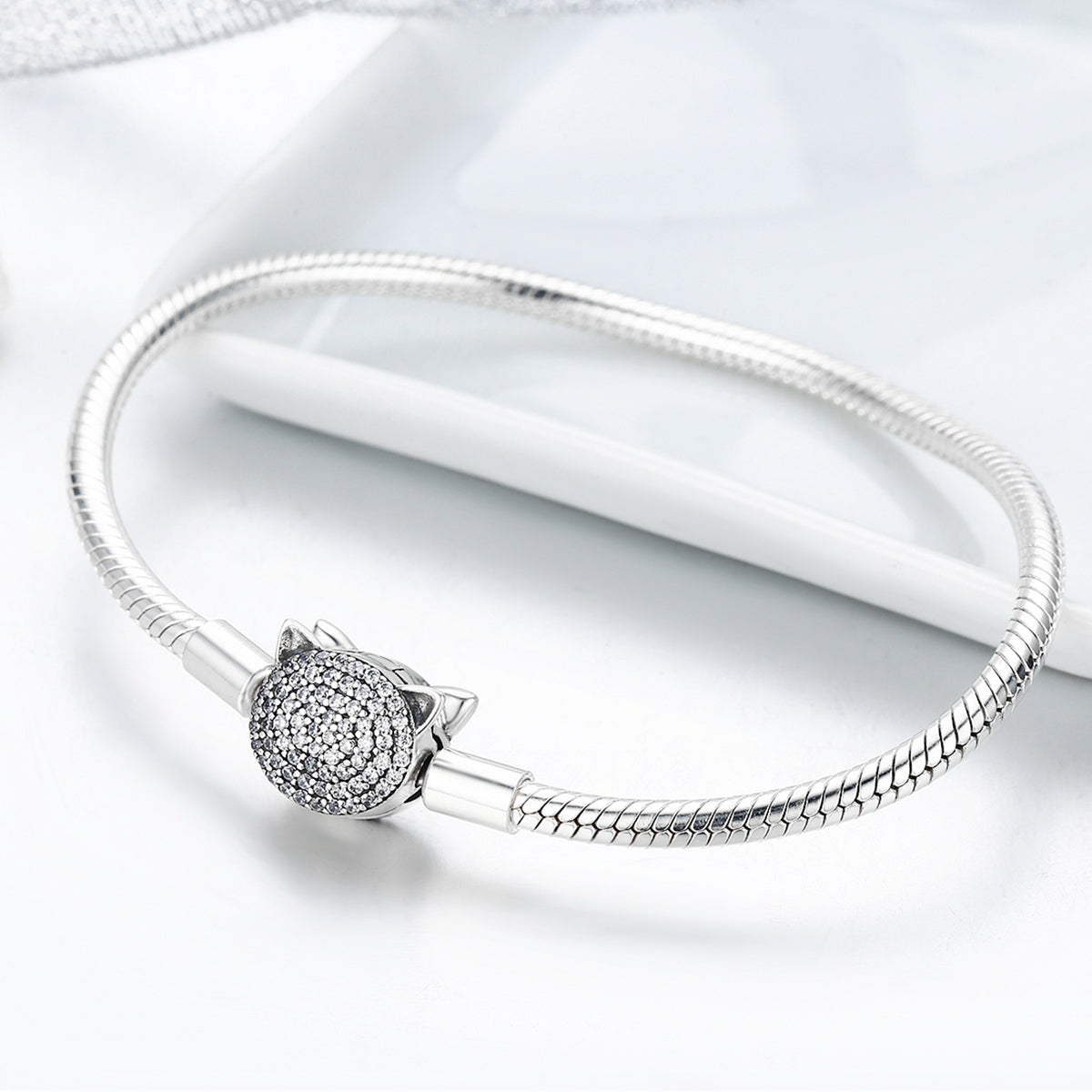 925 Sterling Silver Bracelet with Cat Head Charm, 17cm for Women