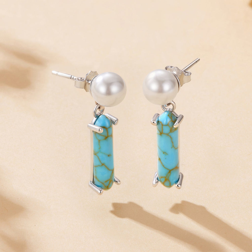 925 Sterling Silver Earrings with Synthetic Turquoise and Pearl, 2.4*0.6cm for Women