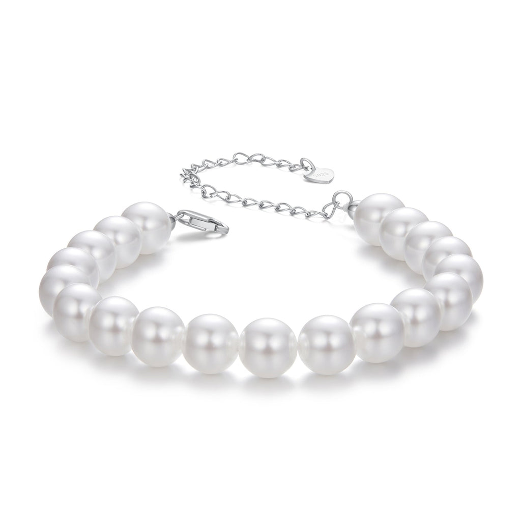 925 Sterling Silver Adjustable White Gold Plated Bracelet with Synthetic Pearl for Women