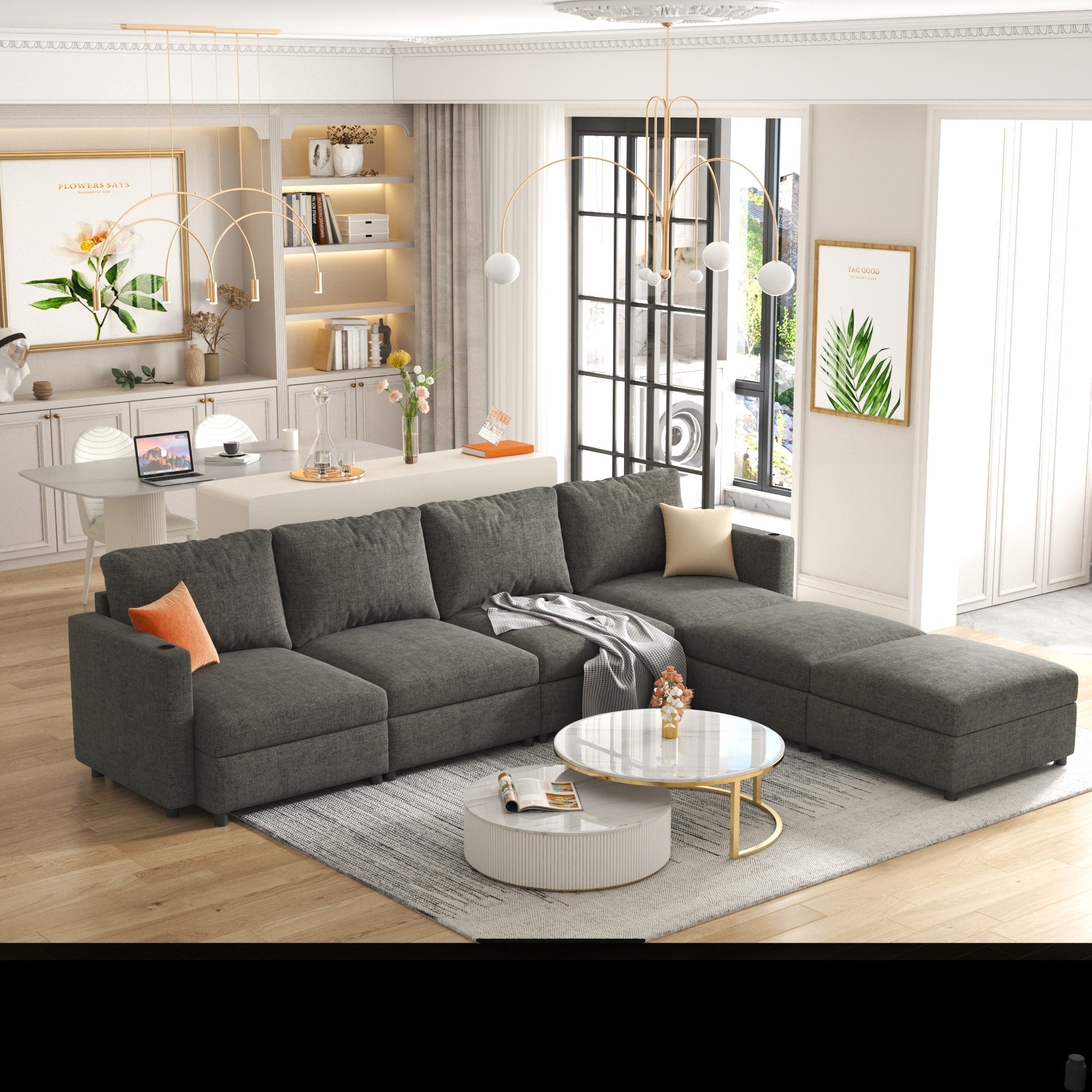 Modern Large Sectional Sofa, U-Shape Modular Sectional Couch with Storage Function,123' Sofa Bed with Ottoman,6 Seat Sectionals Chaise for Living Room,Chenille