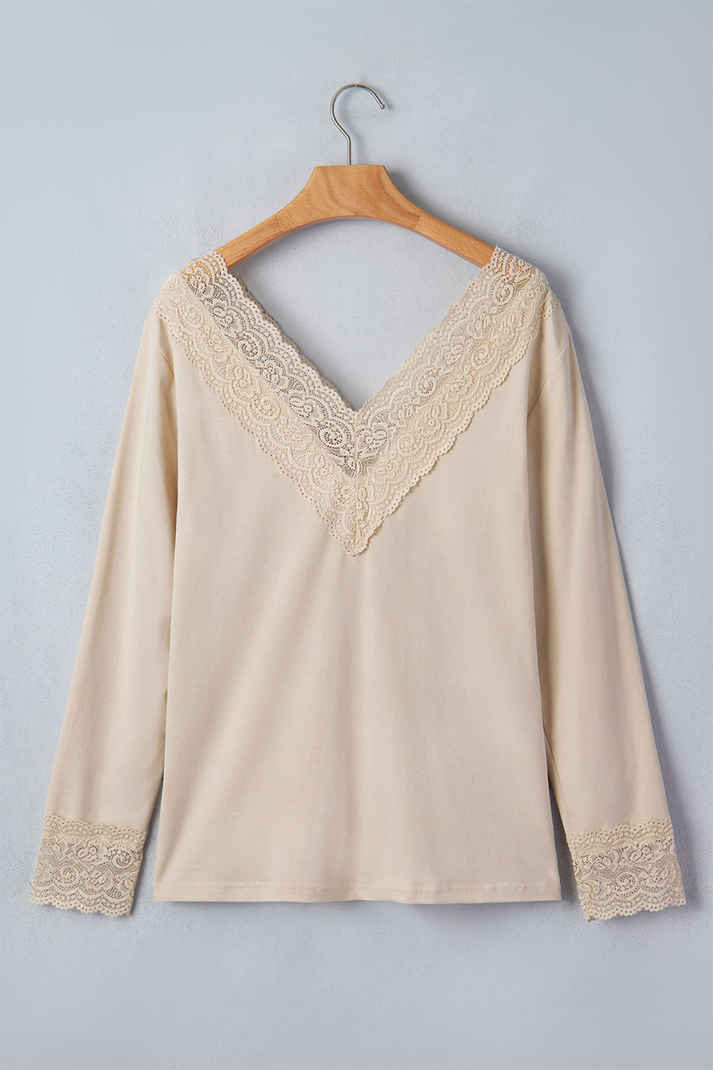Lace Trim V-Neck Patchwork Long Sleeve Top