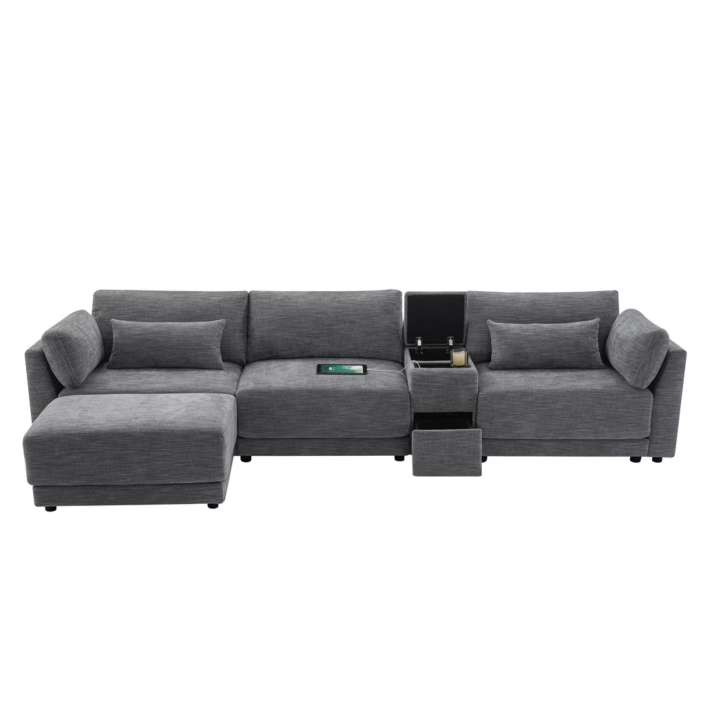 [VIDEO+NEW]124'' Modular Sectional Sofa with Storage Console and Movable Ottoman,33'' Wide Seat,4 Seat L Shaped Chenille Couch,Reversible Comfy Sofa with USB Charger for Living Room,Apartment,2 Colors