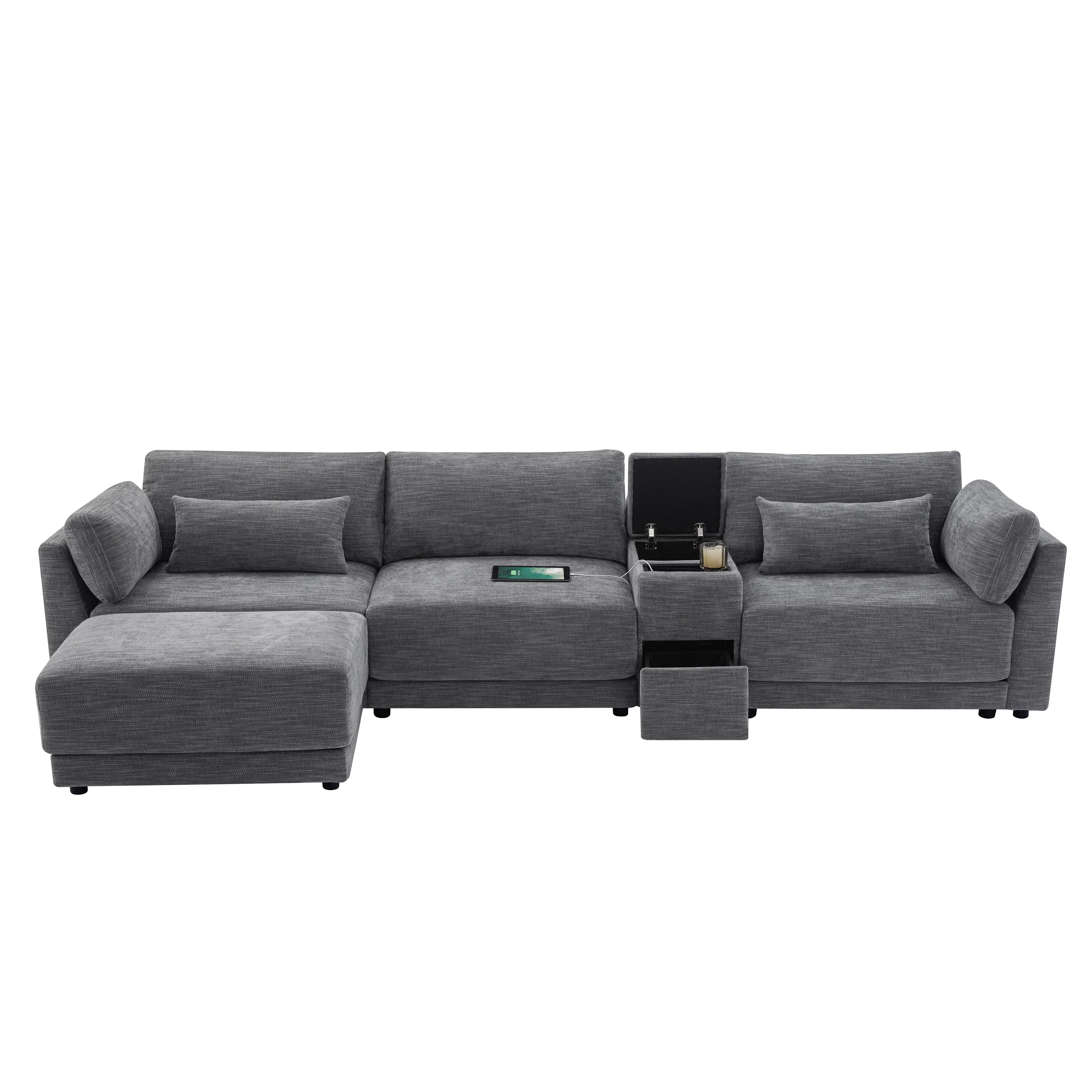 [VIDEO+NEW]124'' Modular Sectional Sofa with Storage Console and Movable Ottoman,33'' Wide Seat,4 Seat L Shaped Chenille Couch,Reversible Comfy Sofa with USB Charger for Living Room,Apartment,2 Colors