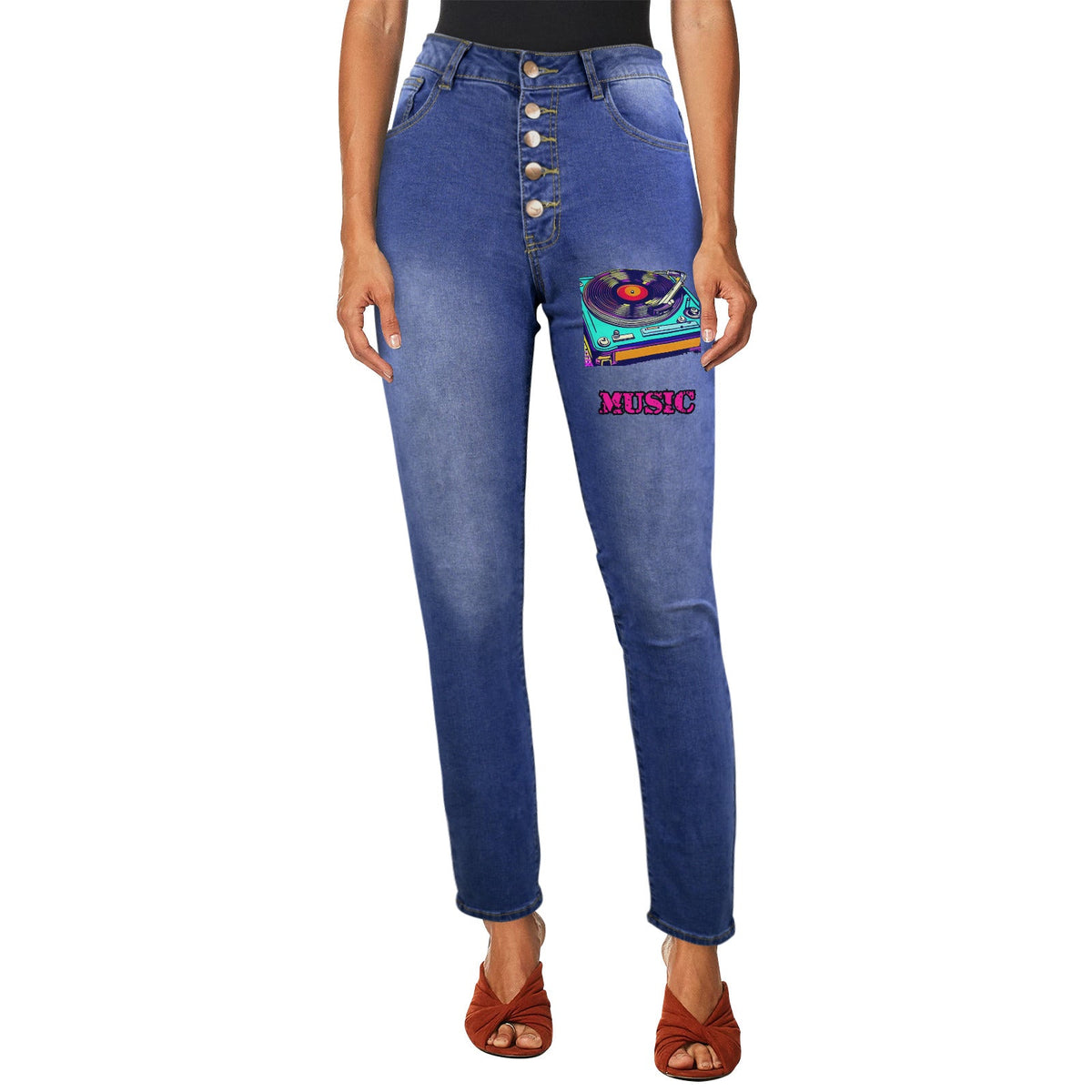 Women's Music and Turntable Decorated Jeans with Front Printing