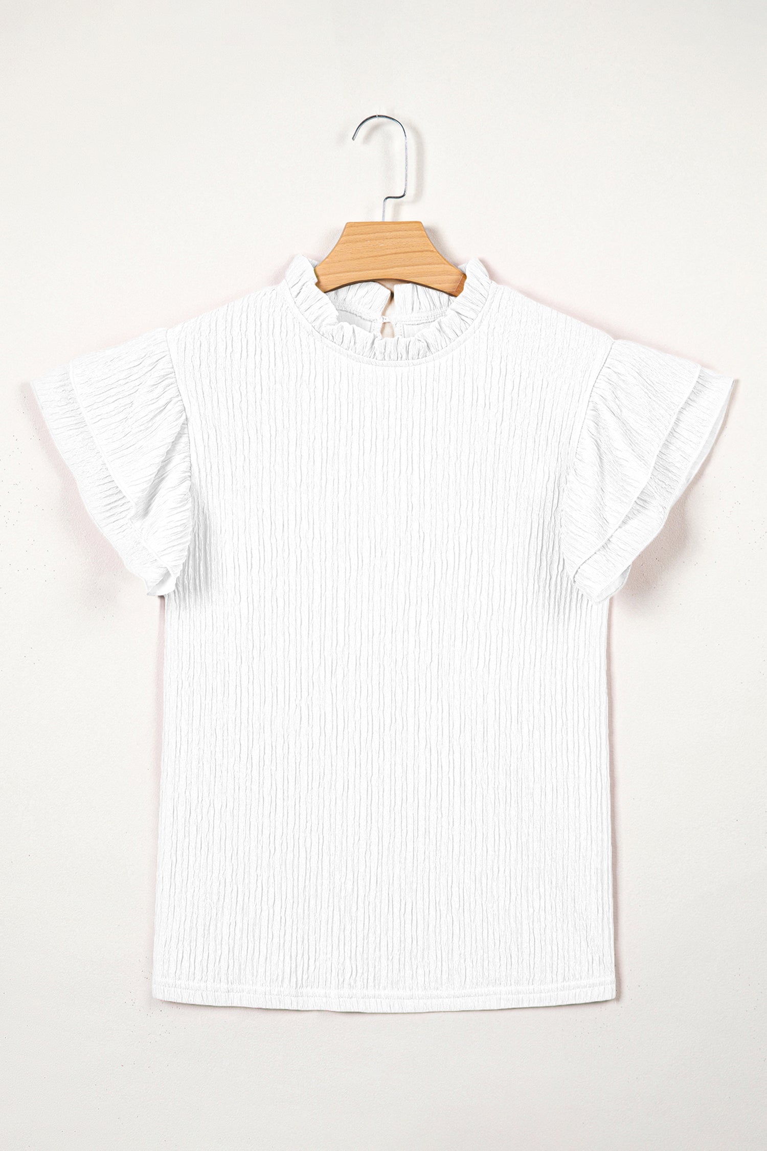 Solid Textured Ruffle Trim Short Sleeve Blouse