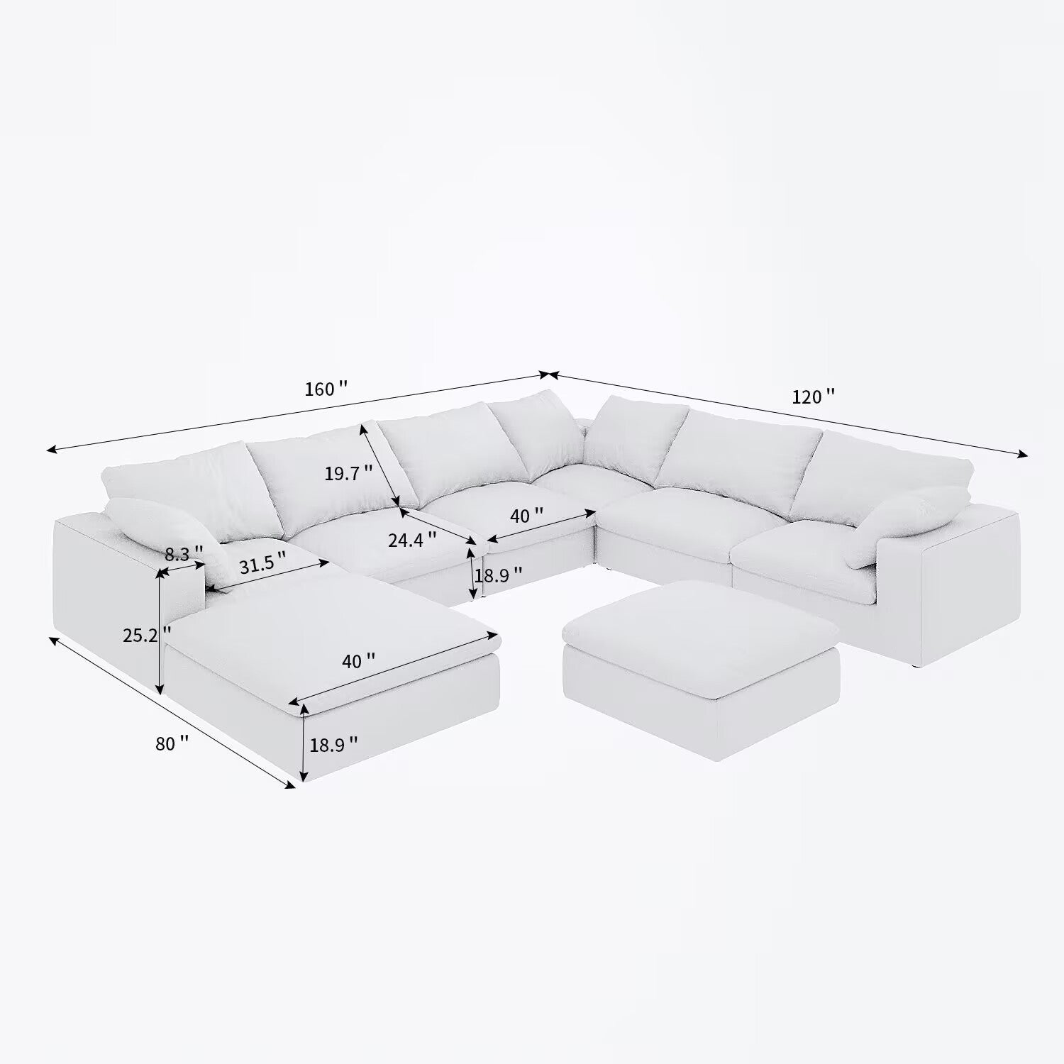 Large size modular cloud sofa 8 seater down sofa bed apartment living room sofa 8seater Assmble Need