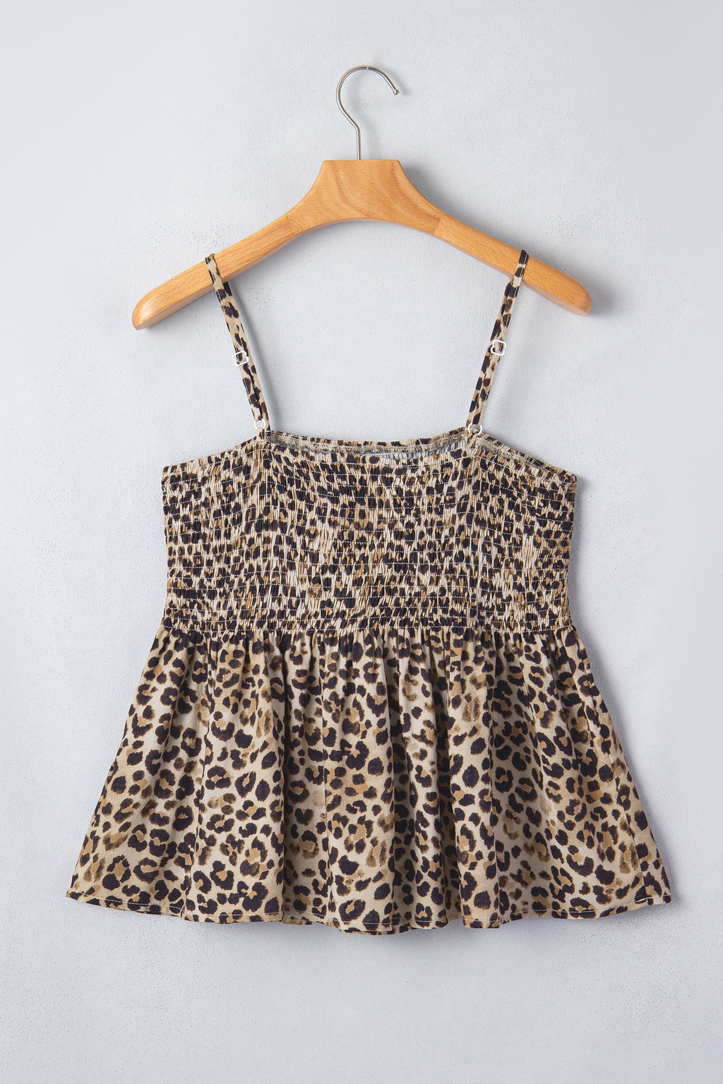 Leopard Shirred Ruffle Spaghetti Strap Tank Top