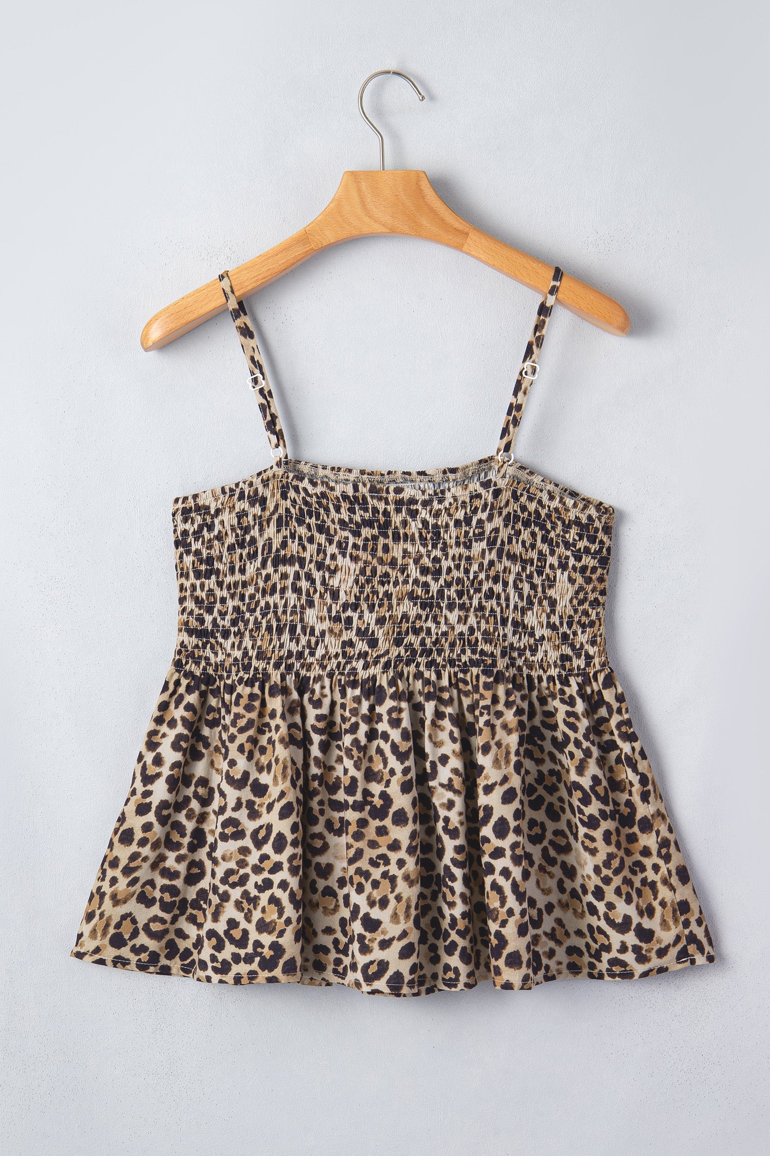 Leopard Shirred Ruffle Spaghetti Strap Tank Top
