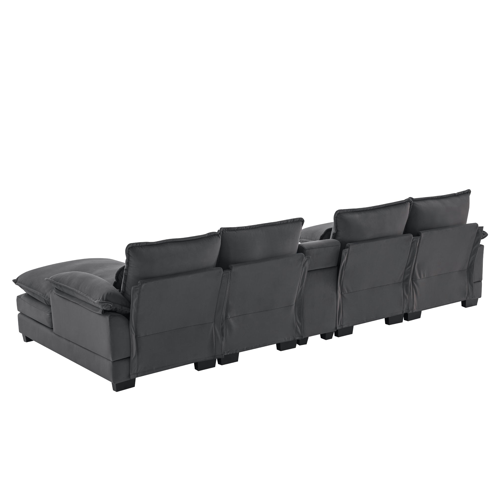 Modern U-shaped 6-Seat Sofa with Console, Cupholders, USB Ports, Velvet Upholstery in Gray
