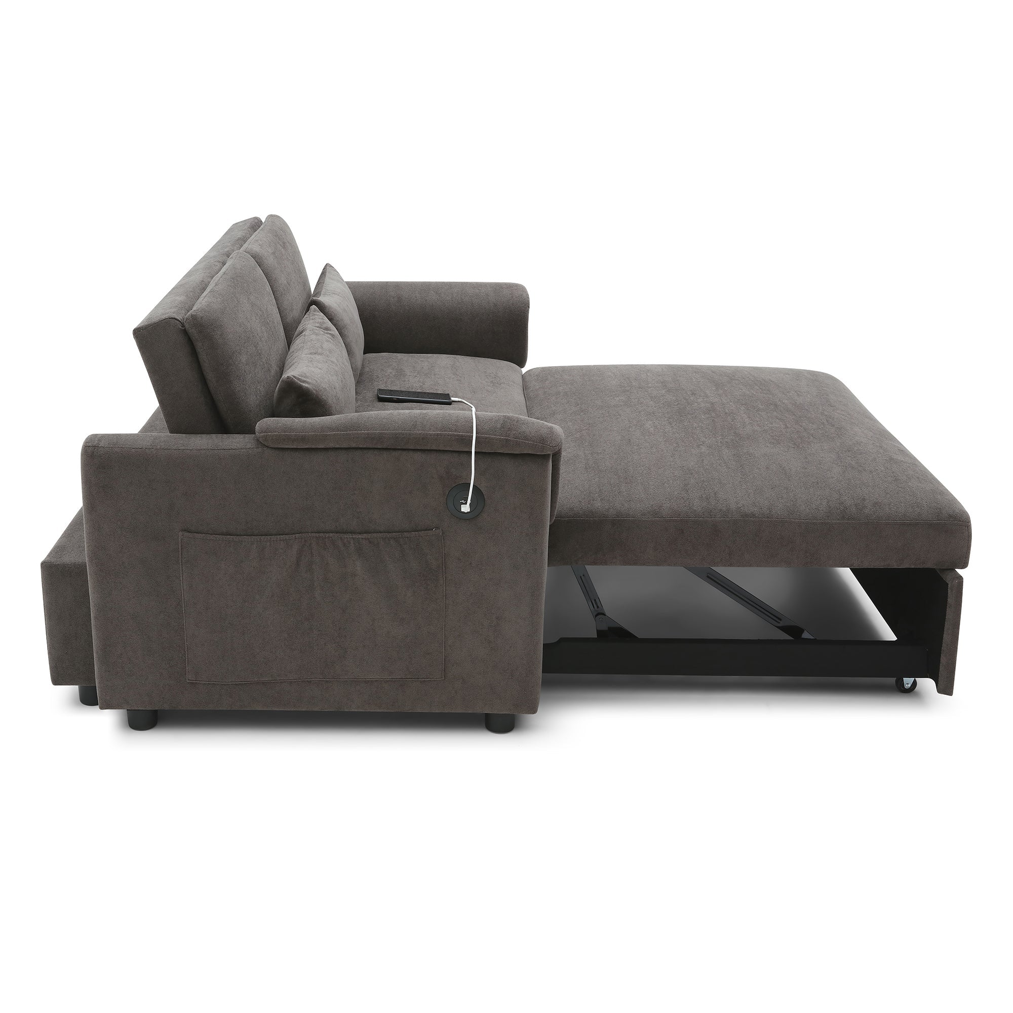 55' Velvet Two Seater Pull Out Sofa Bed, Adjustable Backrest With  USB Ports, Two Side Pockets, 3 in 1 Convertible Sleeper Sofa Bed, Modern Love Seat Lounge,2 waist pillows for living rooms,GREY