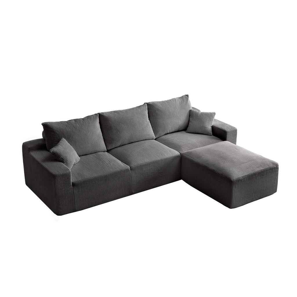 '110' L-Shaped Sectional Sofa, Full-Compression 3-Seater Cloud Couch with Chaise, No Assembly Required Sofa for Living Room, Ultra-Soft Deep Seat Modular Sofa(Corduroy, Grey)