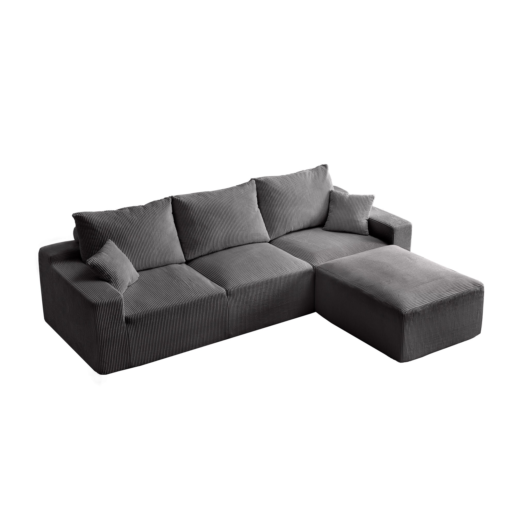 '110' L-Shaped Sectional Sofa, Full-Compression 3-Seater Cloud Couch with Chaise, No Assembly Required Sofa for Living Room, Ultra-Soft Deep Seat Modular Sofa(Corduroy, Grey)