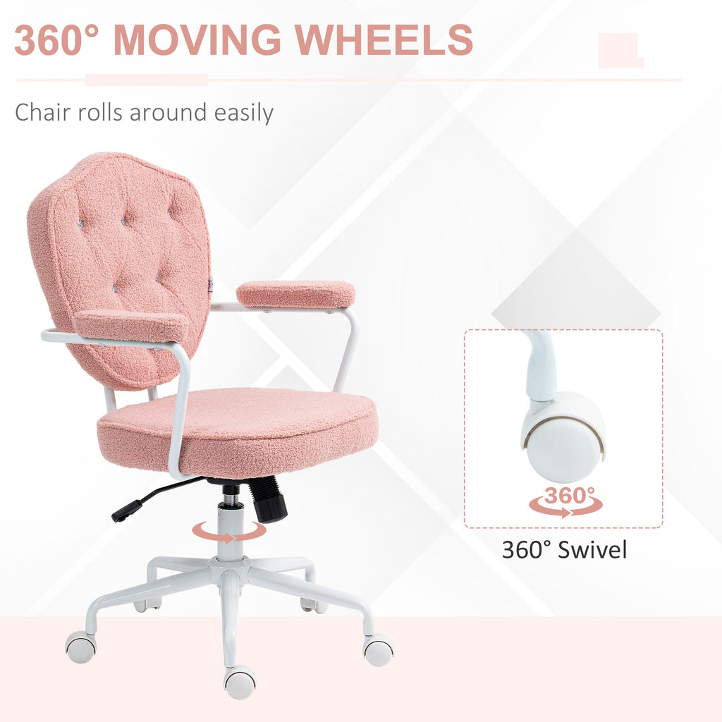HOMCOM Cute Home Office Chair, Computer Desk Chair with Button Tufted Teddy Bear Fleece, Swivel Vanity Chair, Pink