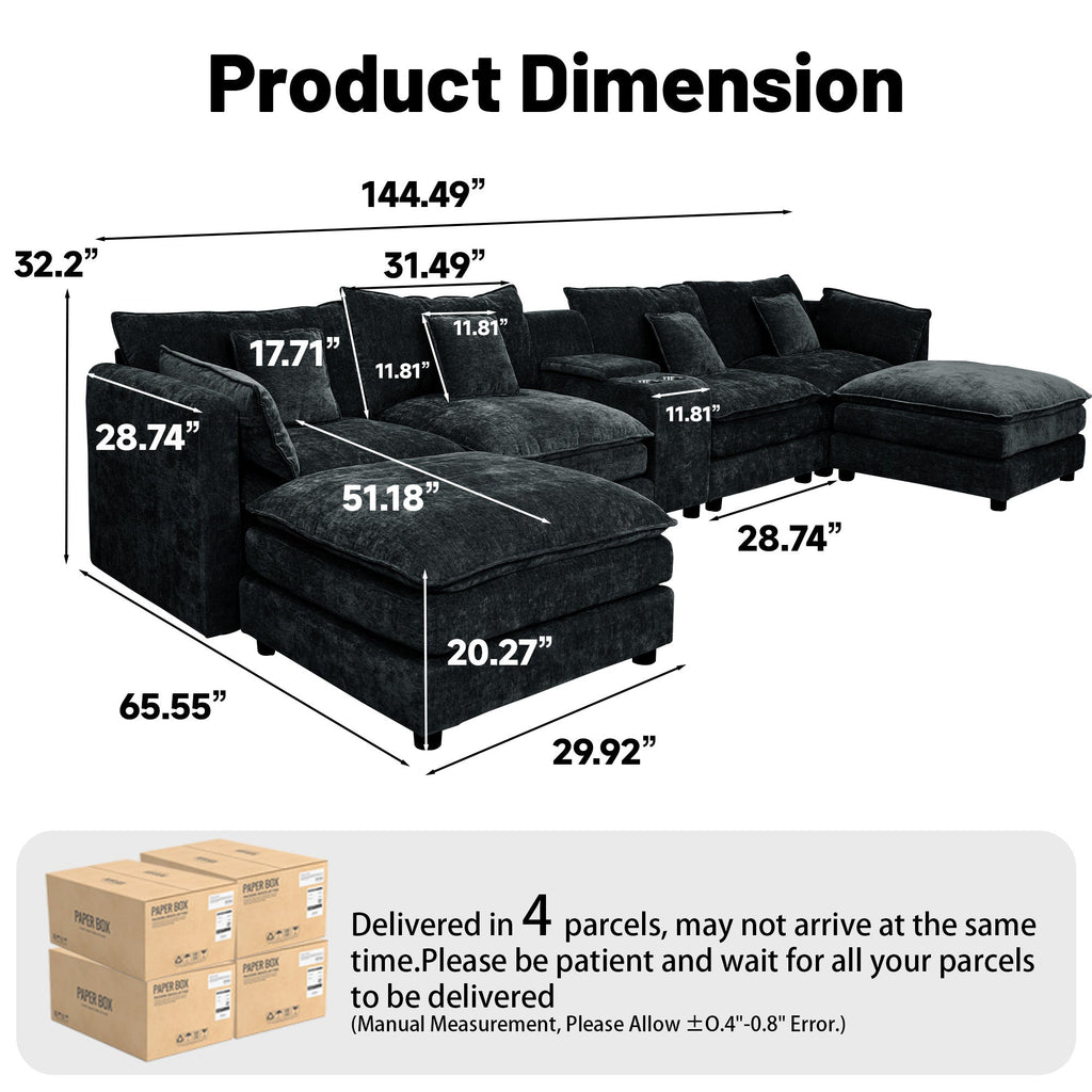 U Shaped Sectional Cloud Couch for Living Room,144' Comfy Fluffy Modular Sofa with Movable Ottoman Modern Chenille 6 Seat Sectional Sofa Set with Console, Cup Holders,Black