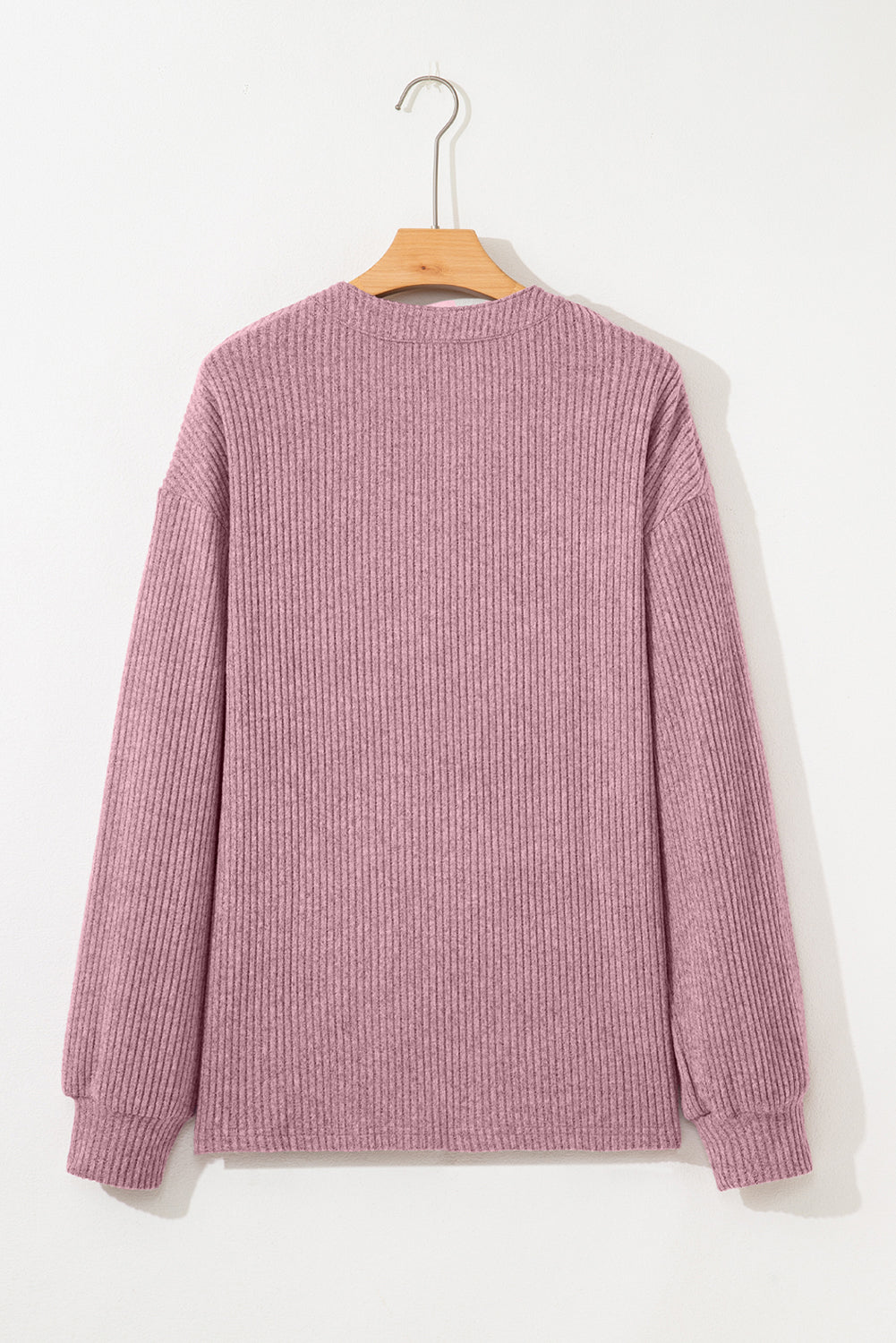 Solid Ribbed Knit Drop Shoulder Henley Top