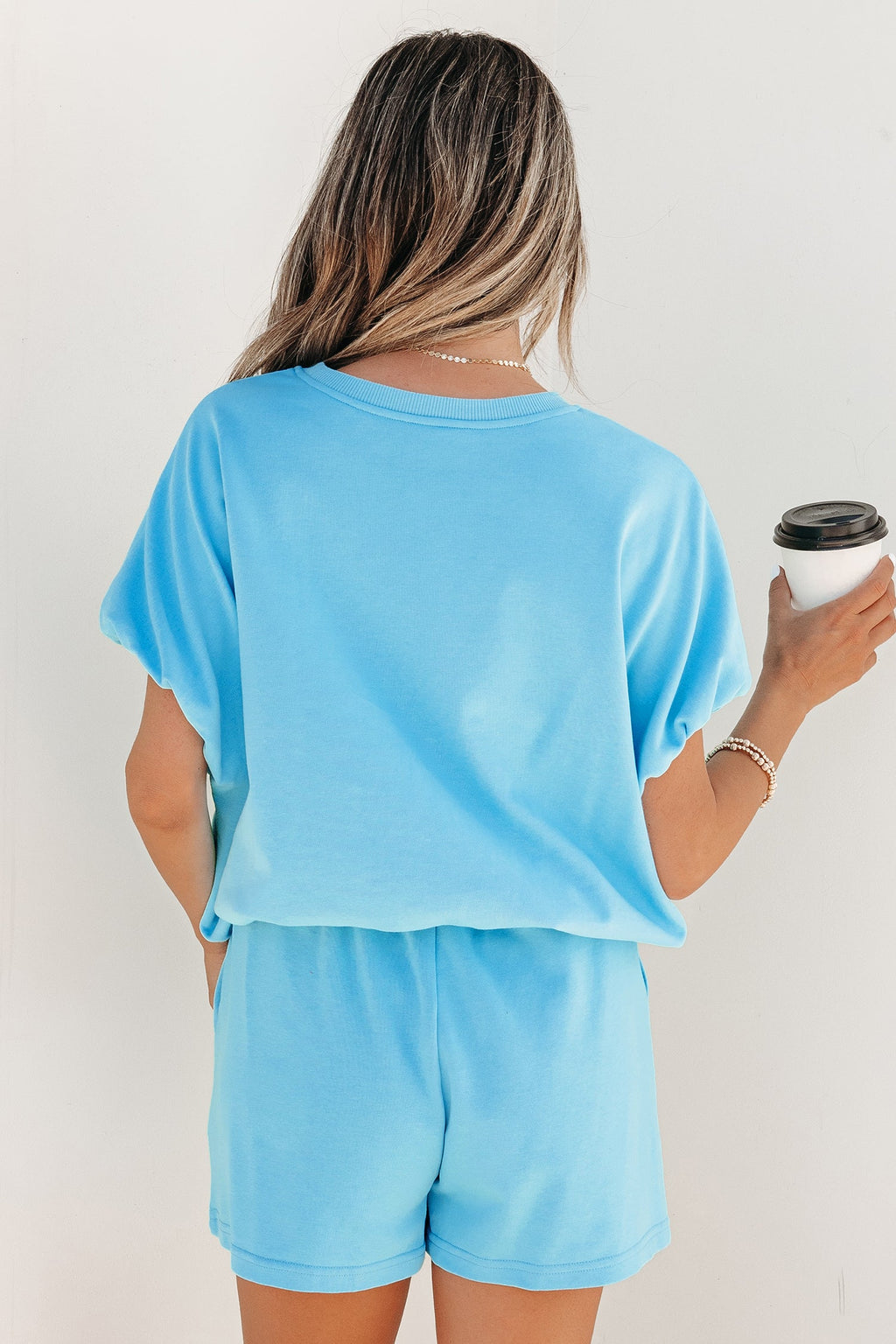 Solid Puff Sleeve Top & Drawstring Shorts Set